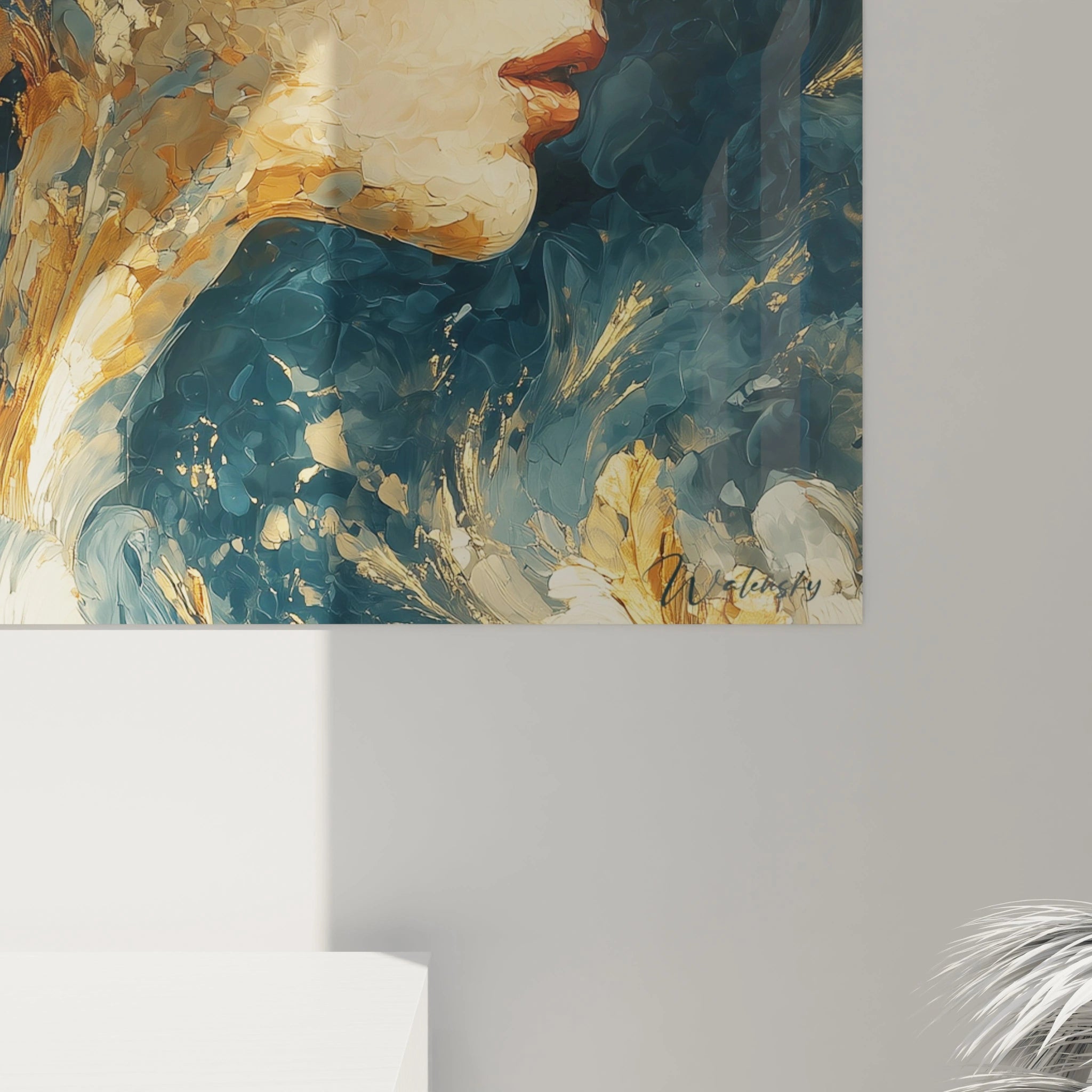 Walensky tableau portrait féminin doré peinture murale abstraite visage de femme or et bleu