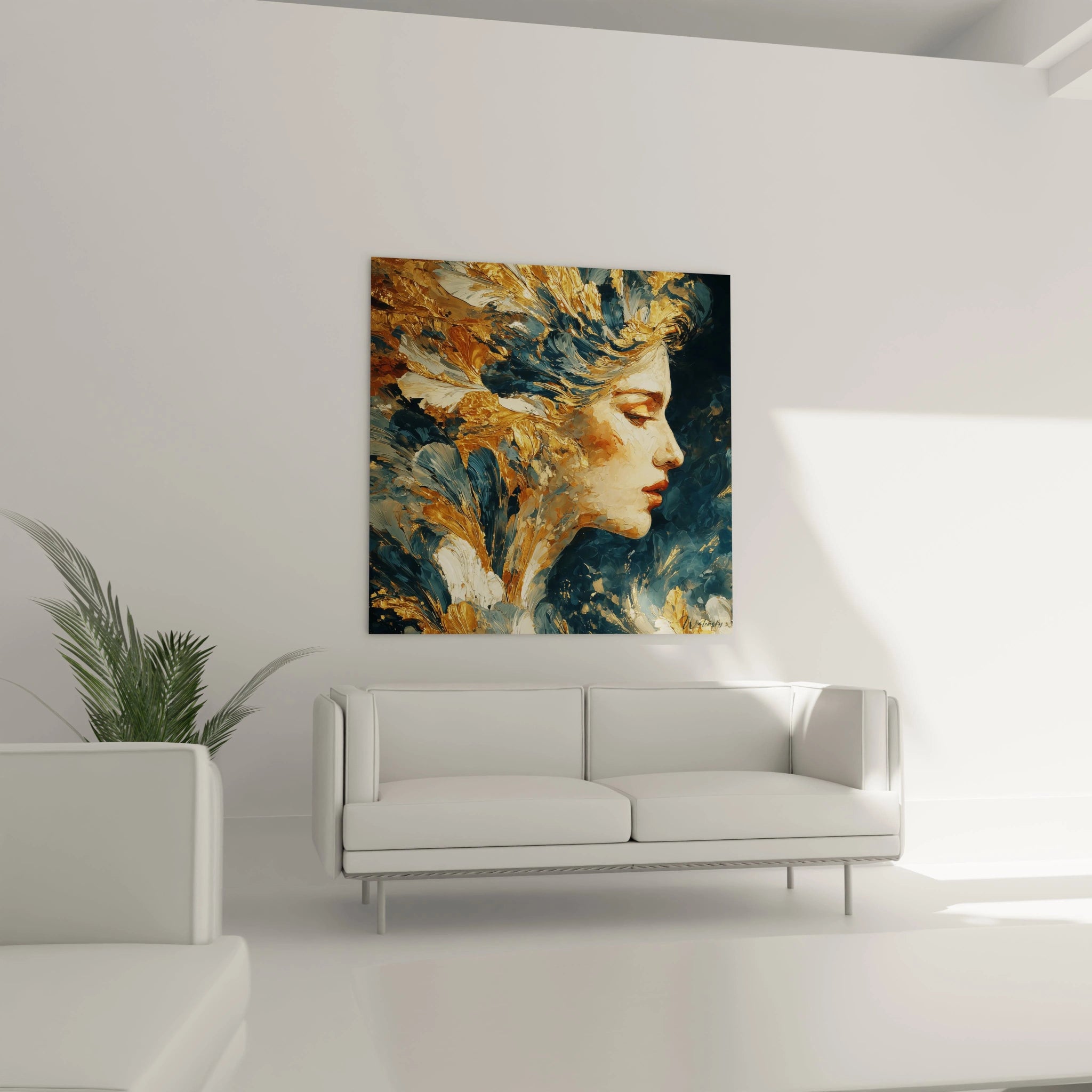 tableau portrait féminin doré de Walensky accroché au dessus d un canapé blanc dans salon minimaliste