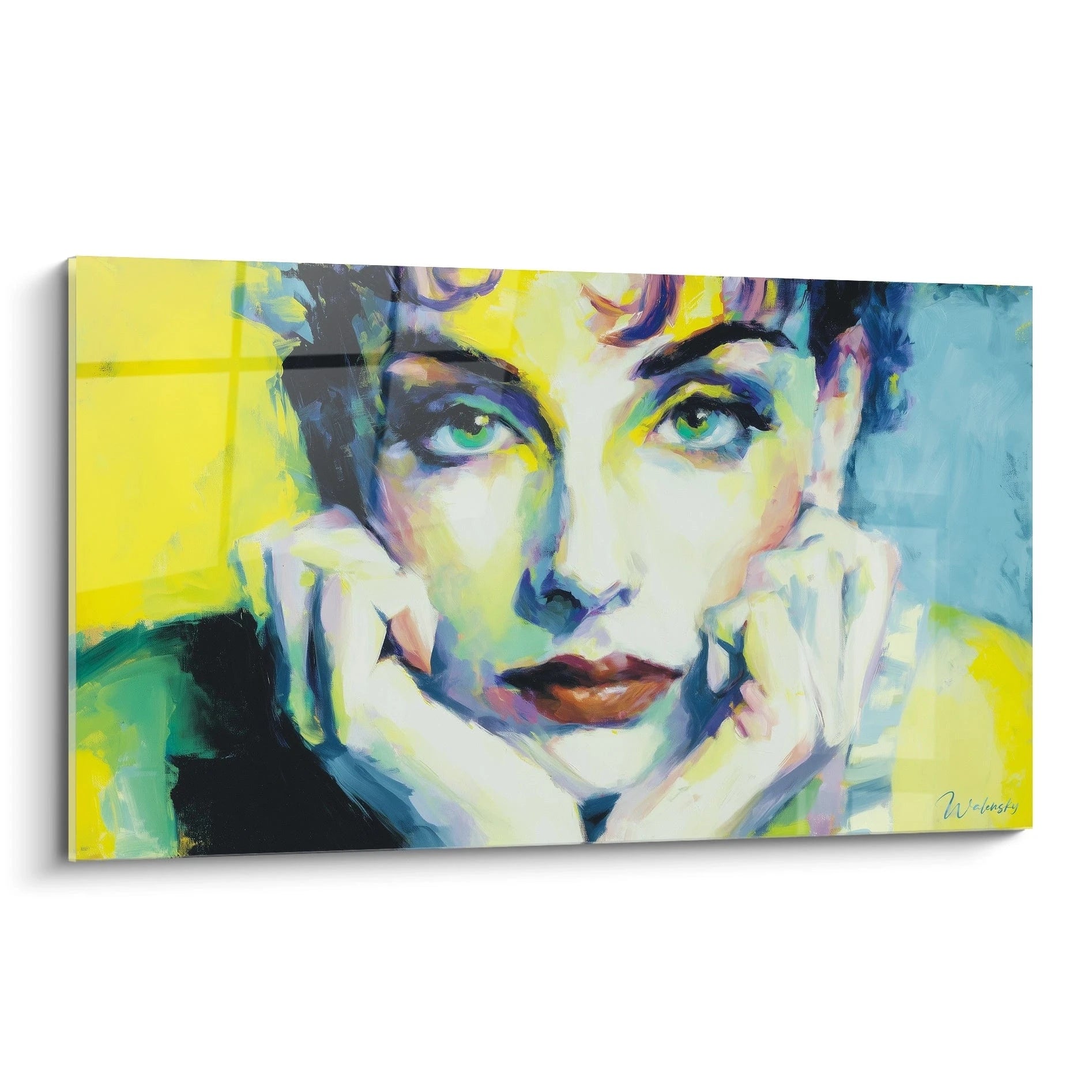 Walensky tableau portrait féminin impressionnisme grand tableau mural toile colorée visage de femme mains sous le menton