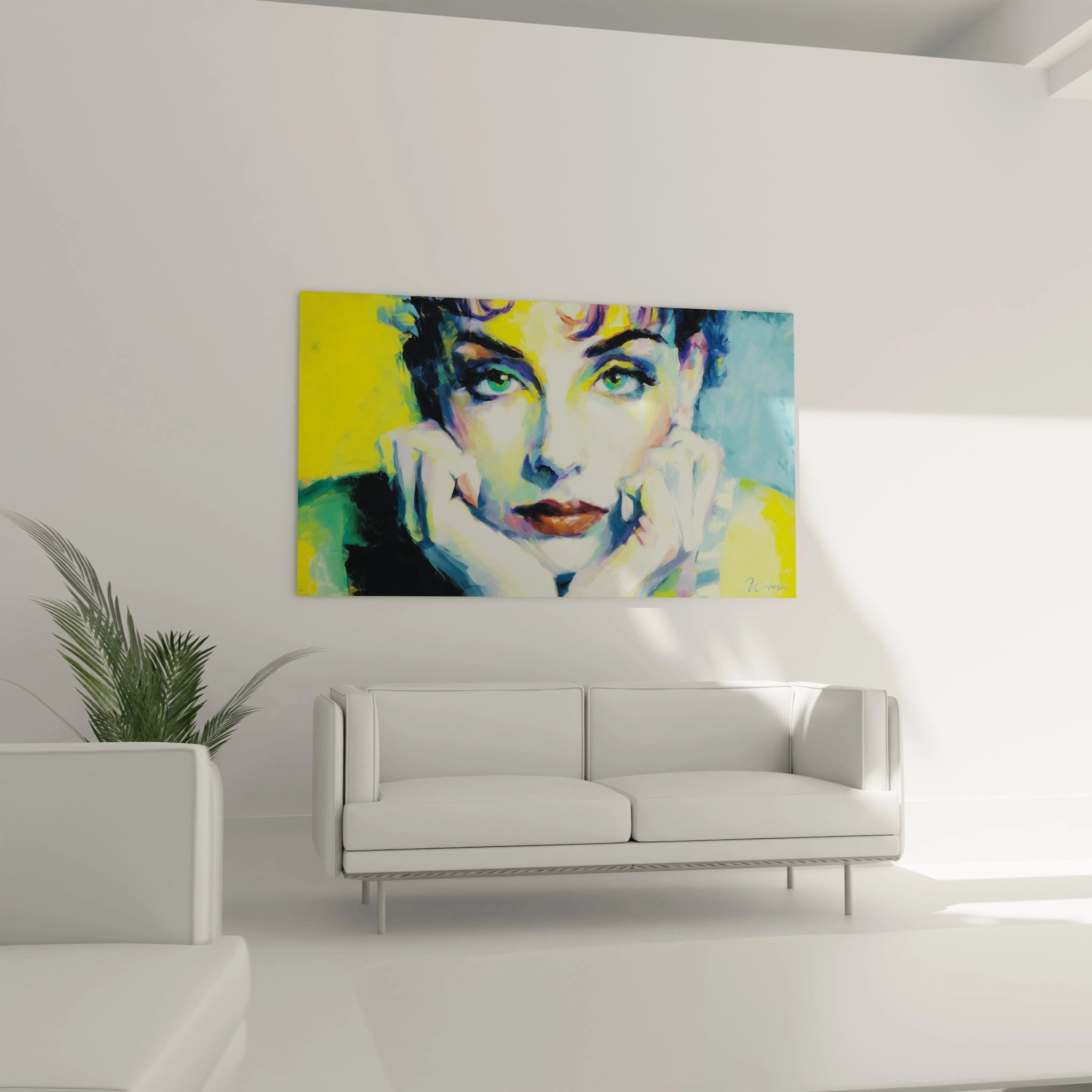 Walensky tableau portrait féminin impressionnisme aux couleurs vives accroché au dessus d un canapé blanc minimaliste