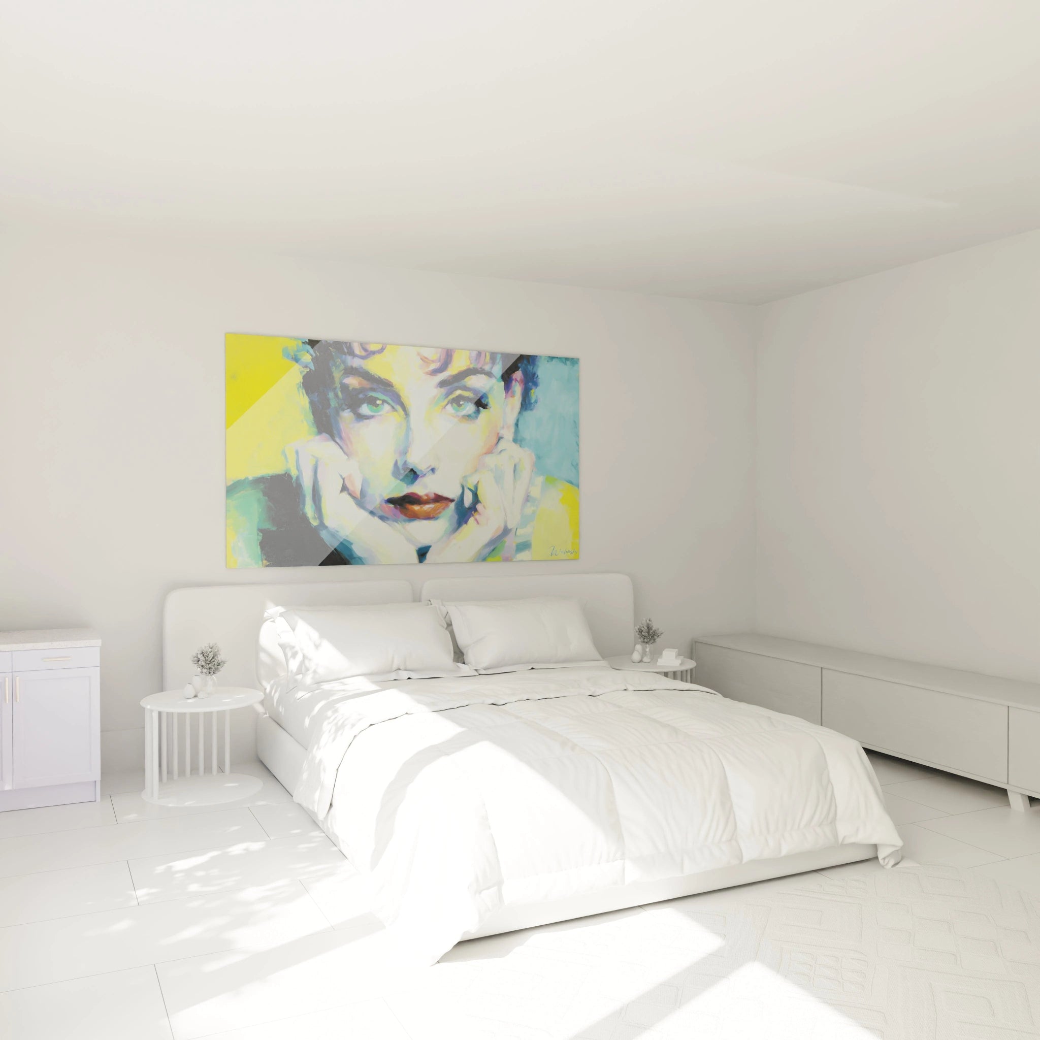 Tableau mural Walensky avec tableau portrait féminin impressionnisme coloré accroché au dessus du lit blanc minimaliste