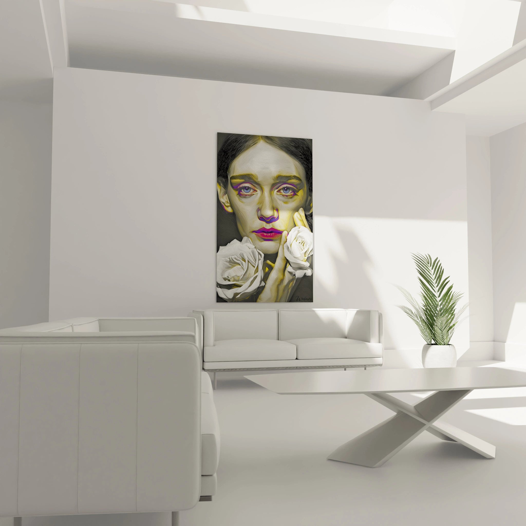 tableau portrait hyperréalisme femme Walensky accroché dans un salon minimaliste visage féminin détaillé avec roses blanches