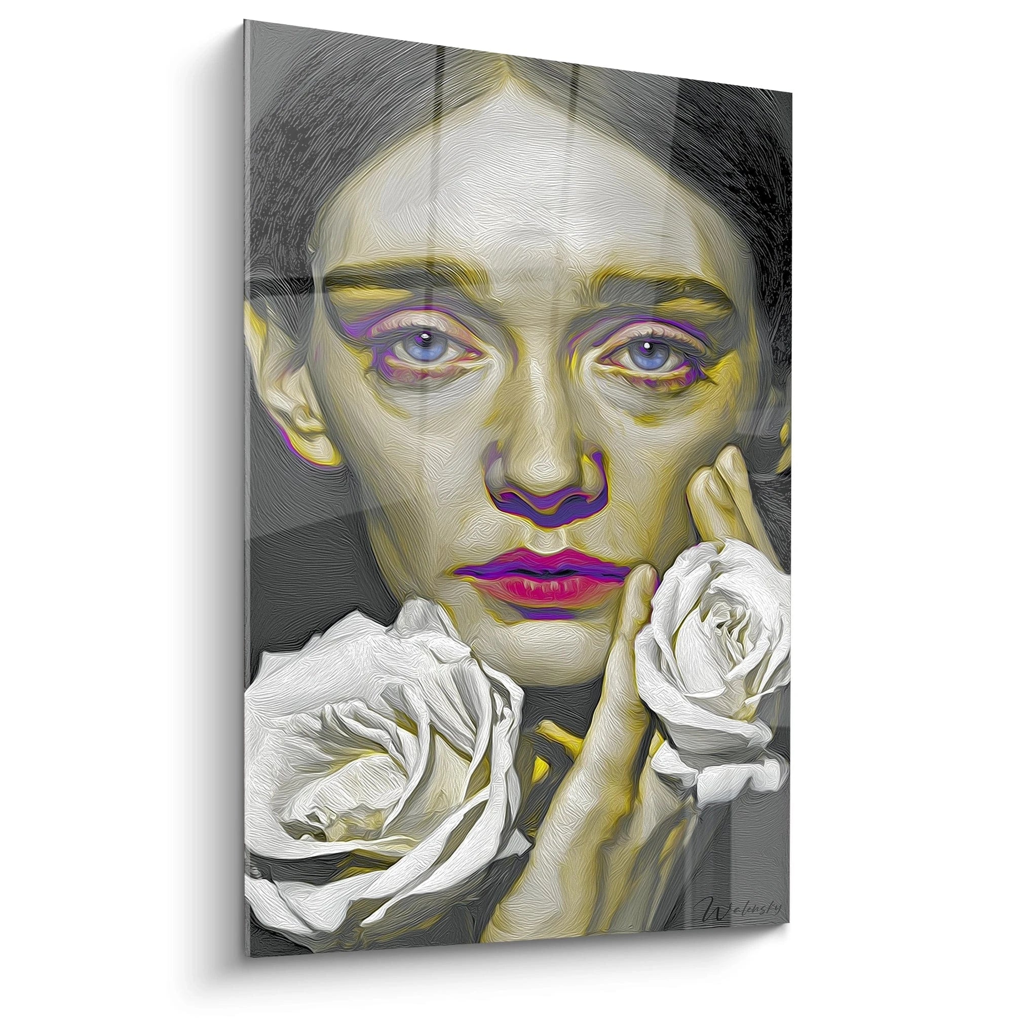 tableau portrait hyperréalisme femme Walensky tableau mural visage féminin intense avec roses blanches