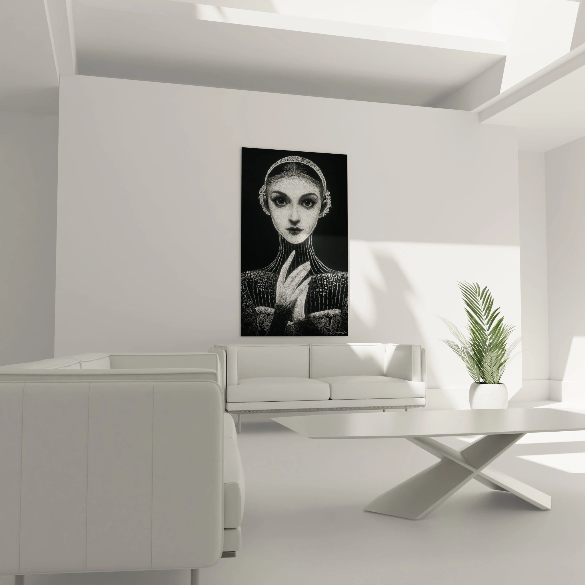 Tableau mural portrait féminin noir et blanc de Walensky, élégant et moderne dans un décor minimaliste