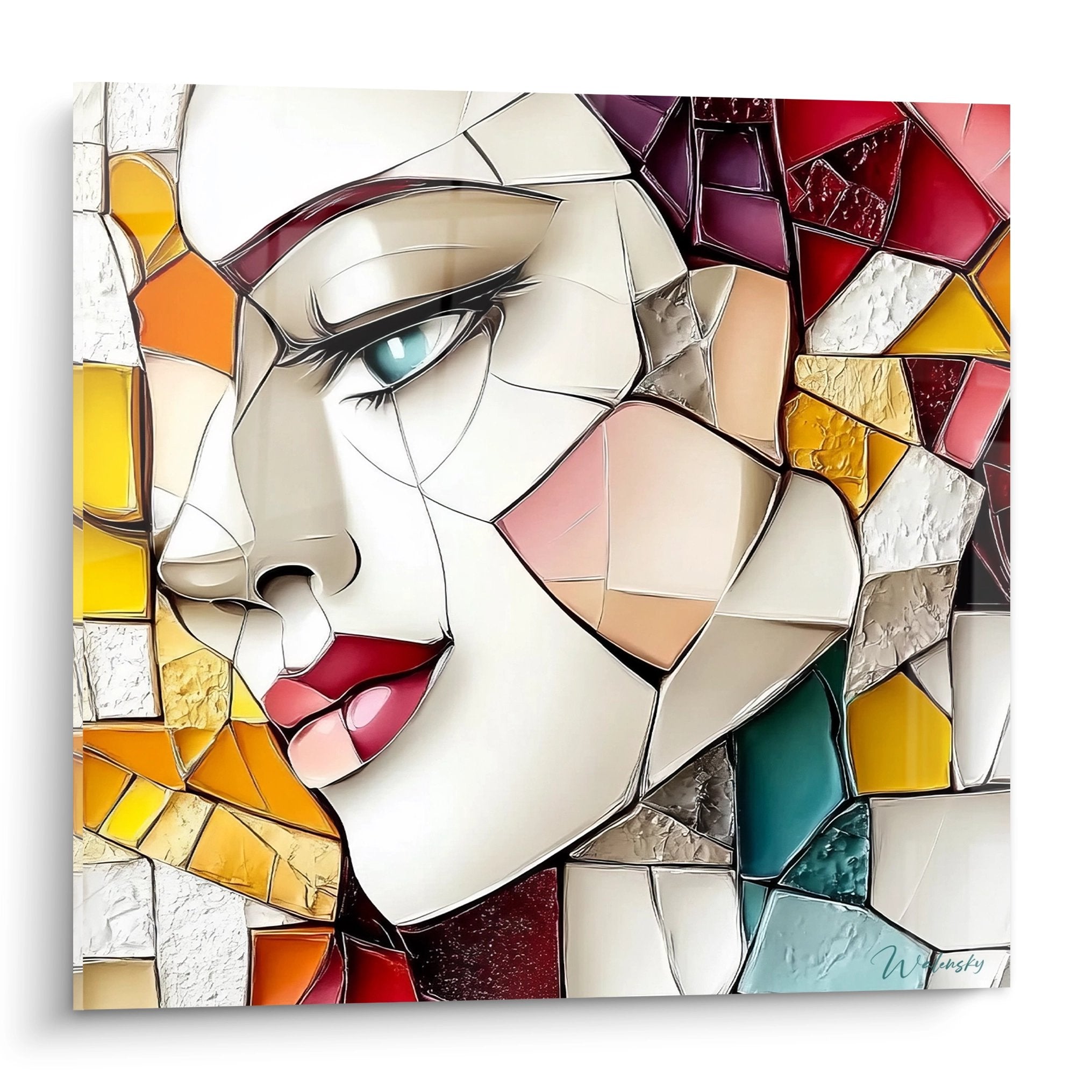 Tableau portrait féminin style vitraux colorés avec fragments géométriques multicolores