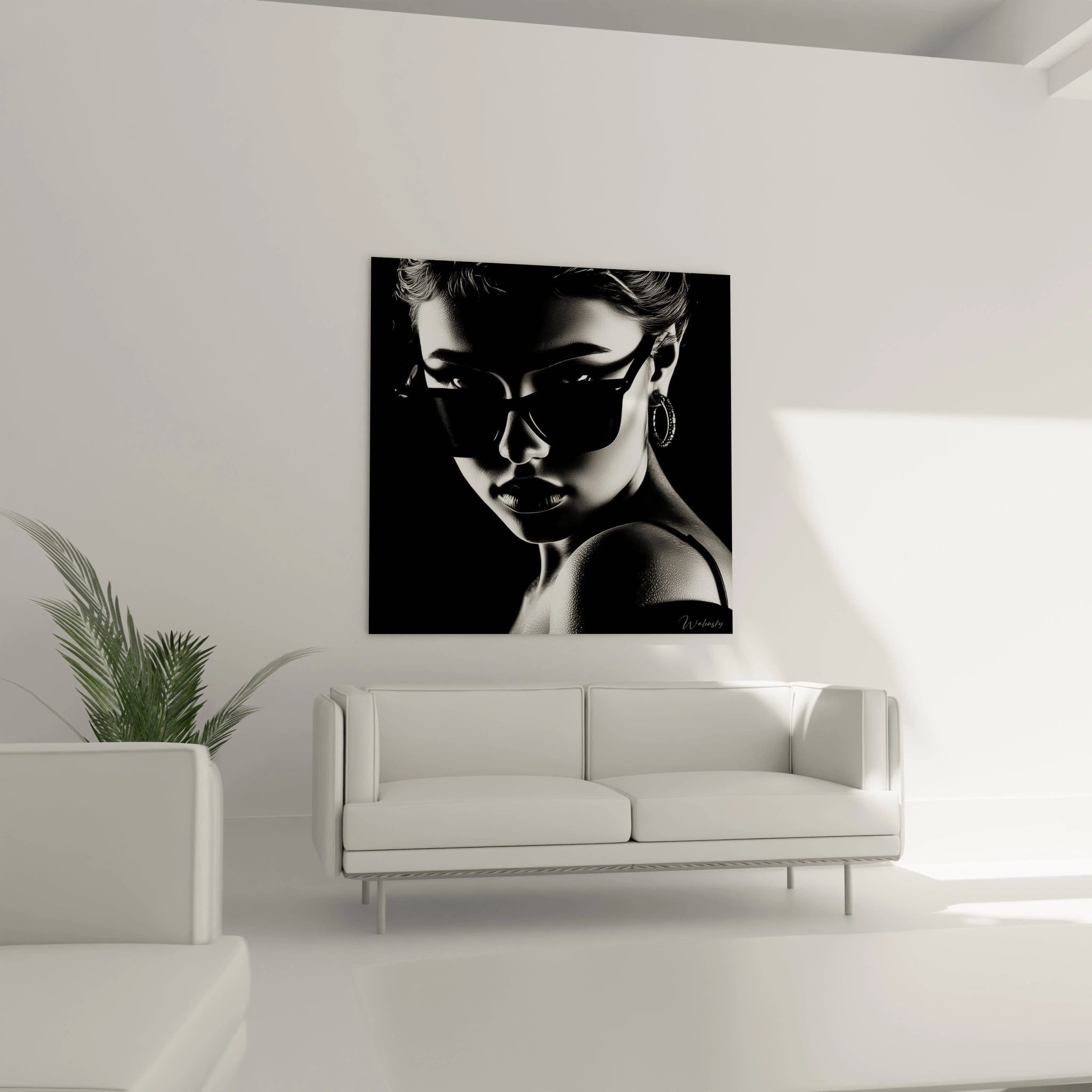 Tableau mural portrait femme noir et blanc avec lunettes, idéal pour un décor moderne