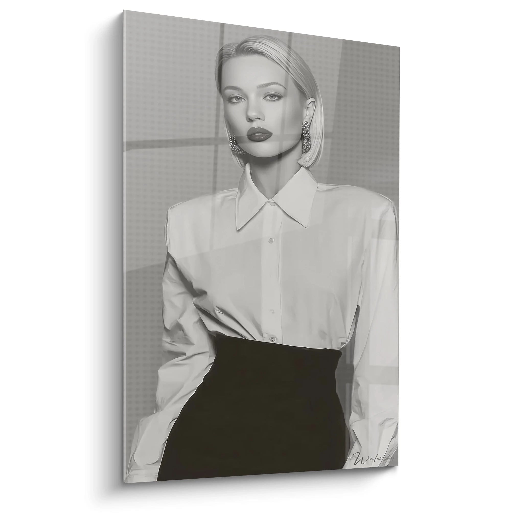 Tableau mural portrait femme noir et blanc de Walensky avec une élégante pose en chemisier