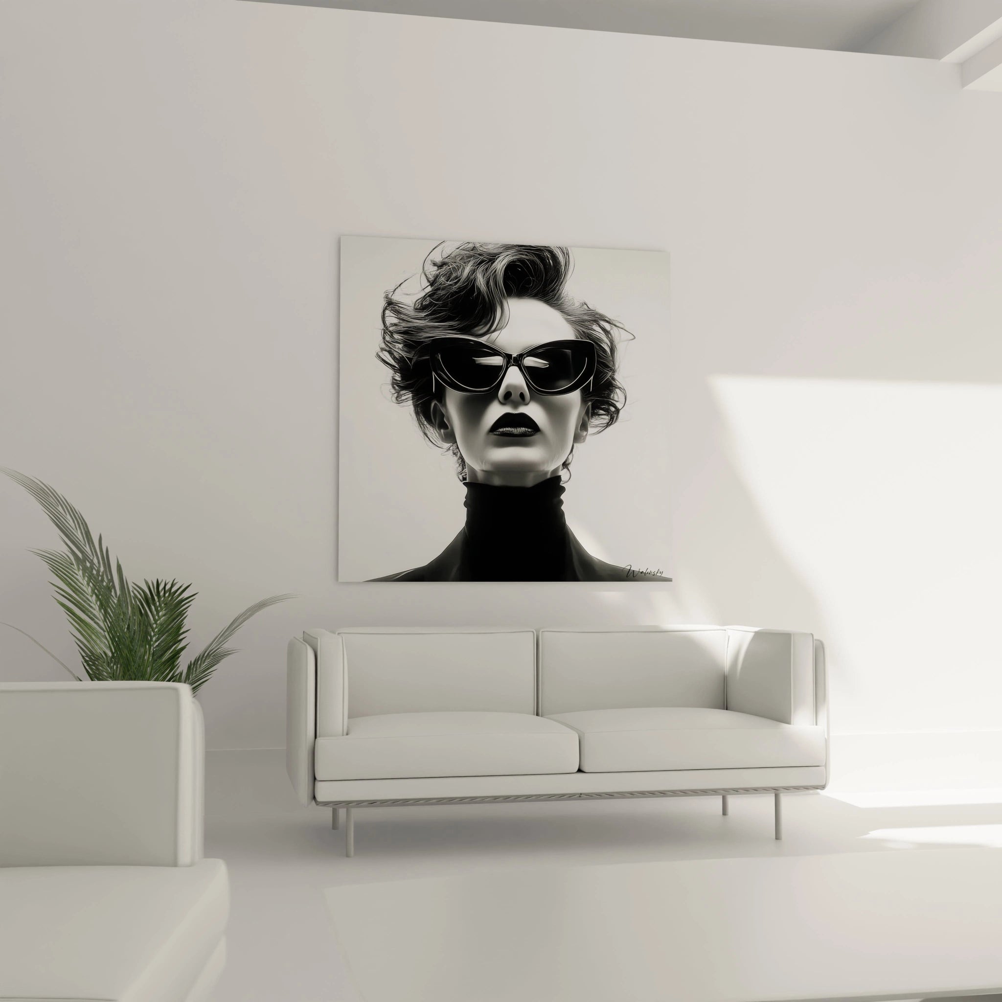 Tableau portrait femme noir et blanc stylisé affiché au-dessus d'un canapé moderne dans un salon minimaliste
