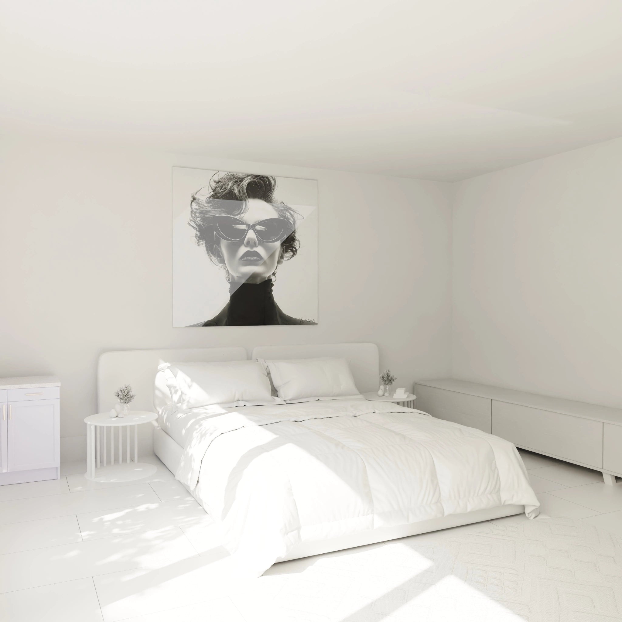 Tableau mural portrait femme noir et blanc dans une chambre moderne et lumineuse