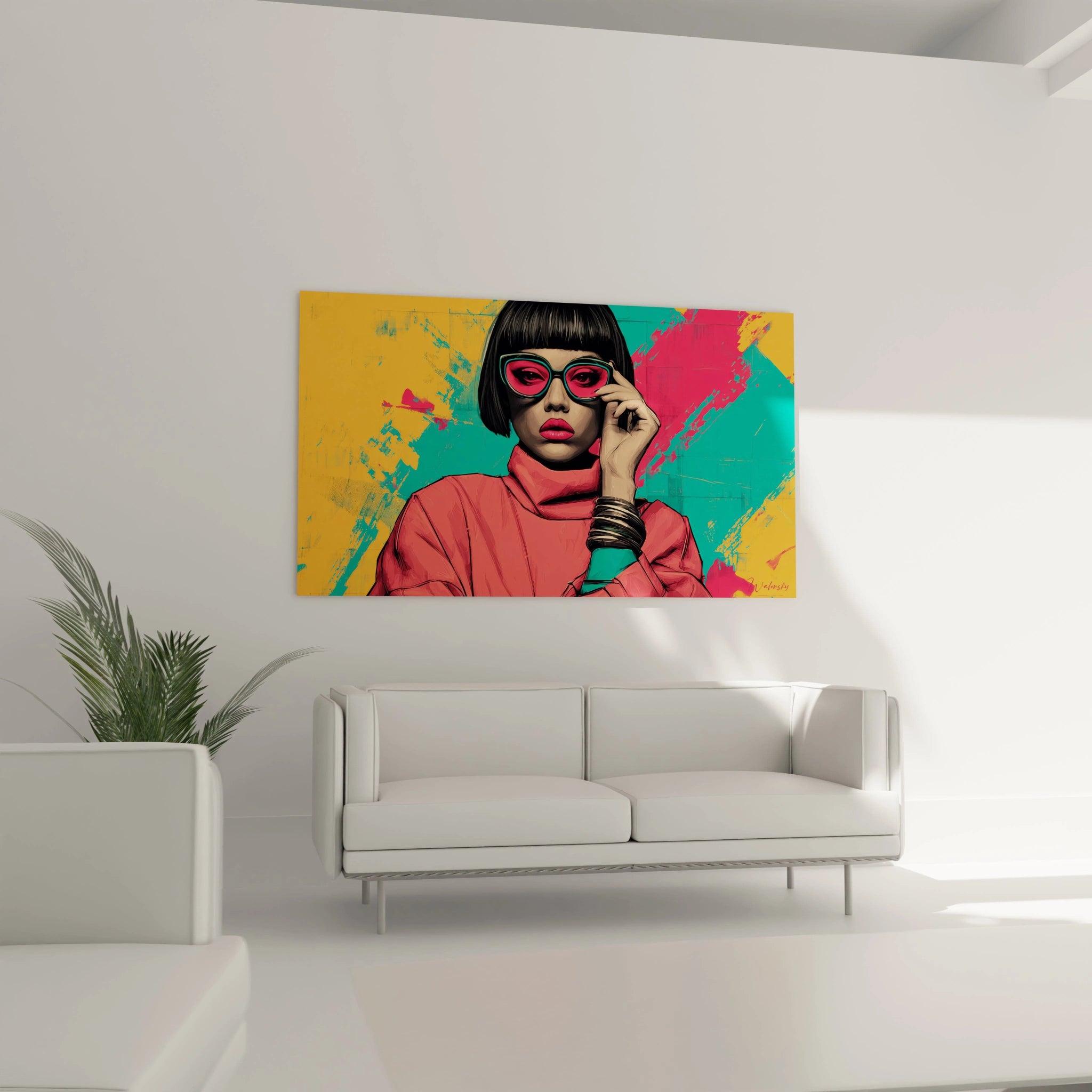 Frauenporträt-Kunstwerk Art-Deco-Stil modern mit leuchtenden Farben an weißer Wand