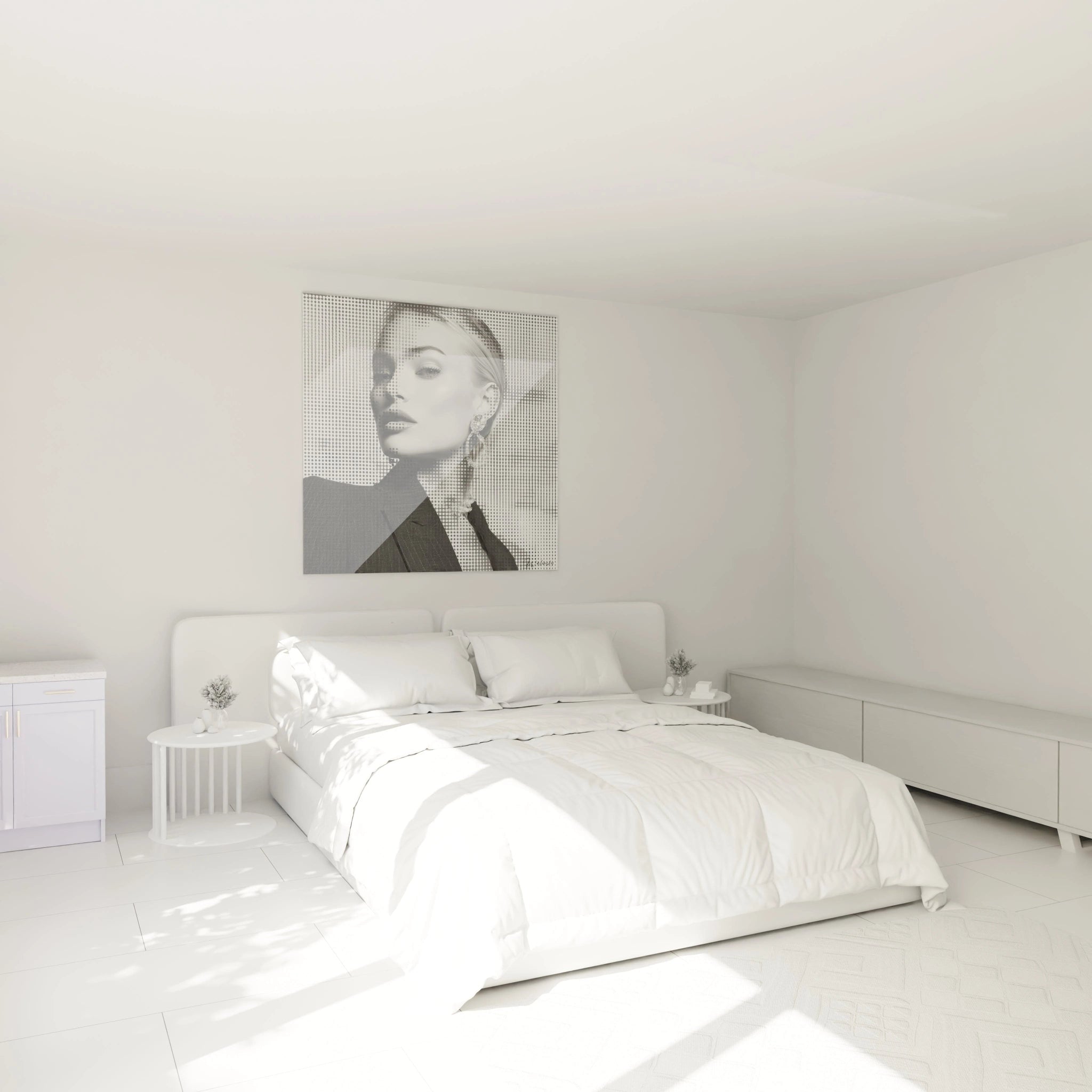Tableau mural portrait femme noir et blanc suspendu au-dessus d'un lit moderne dans une chambre lumineuse