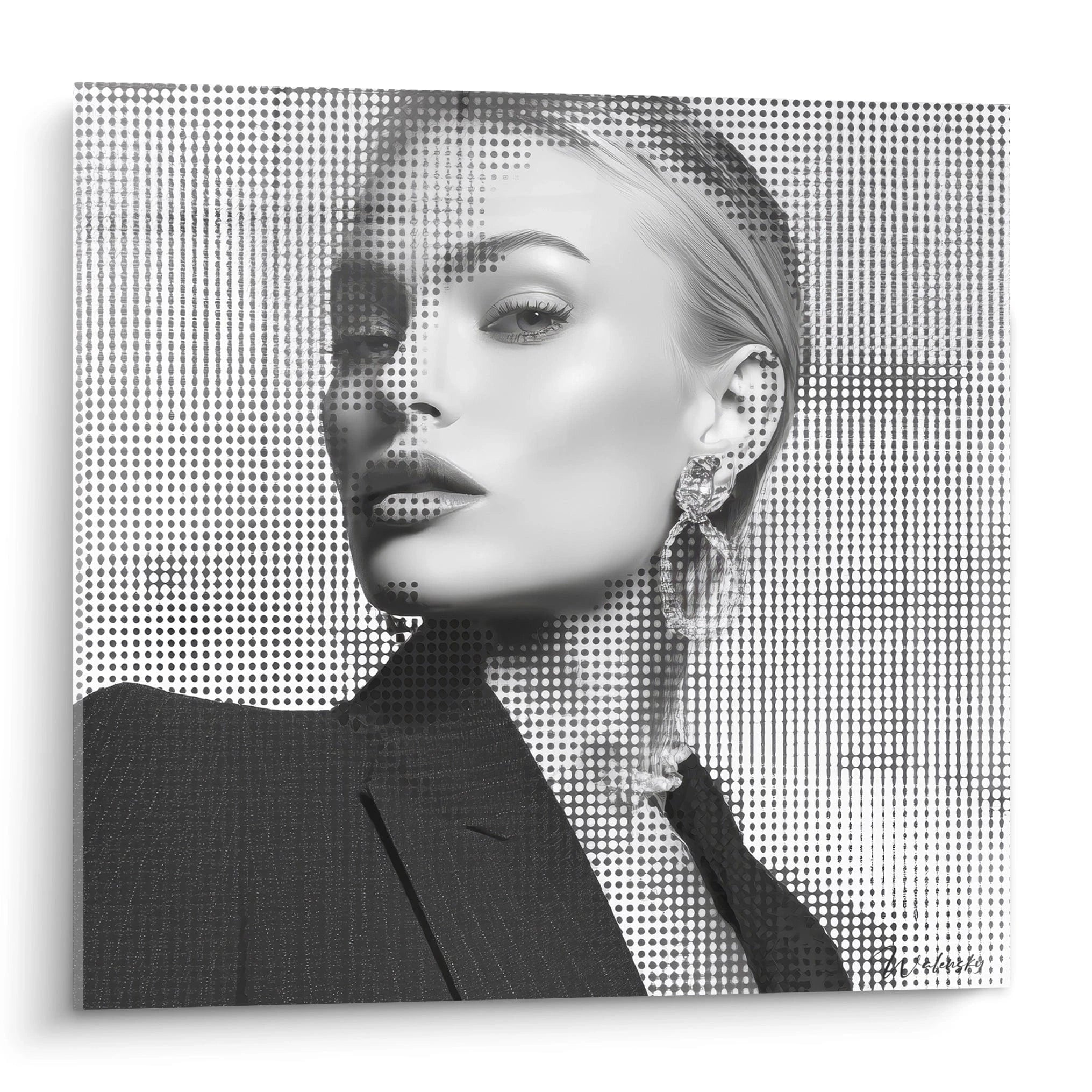 Tableau mural portrait femme noir et blanc avec un effet de points et un look moderne