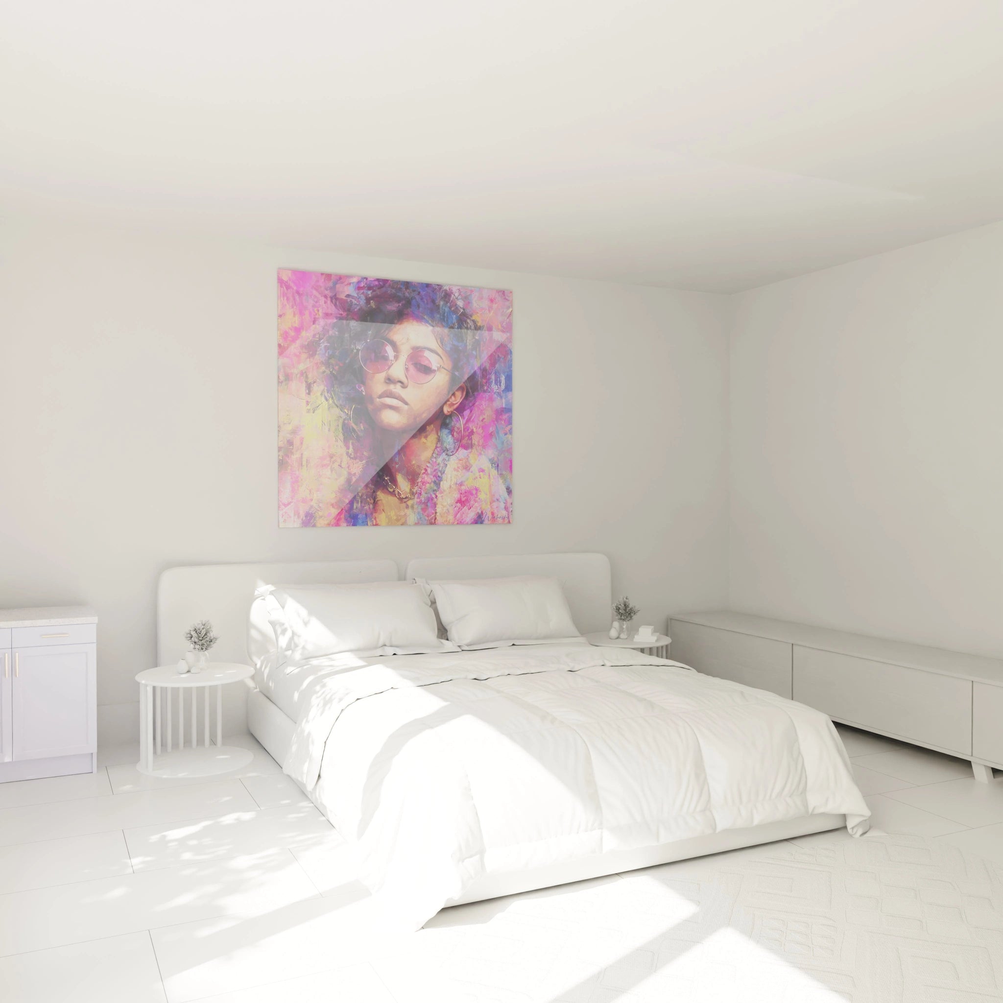 Tableau portrait femme art urbain de Walensky affiché dans une chambre moderne et lumineuse