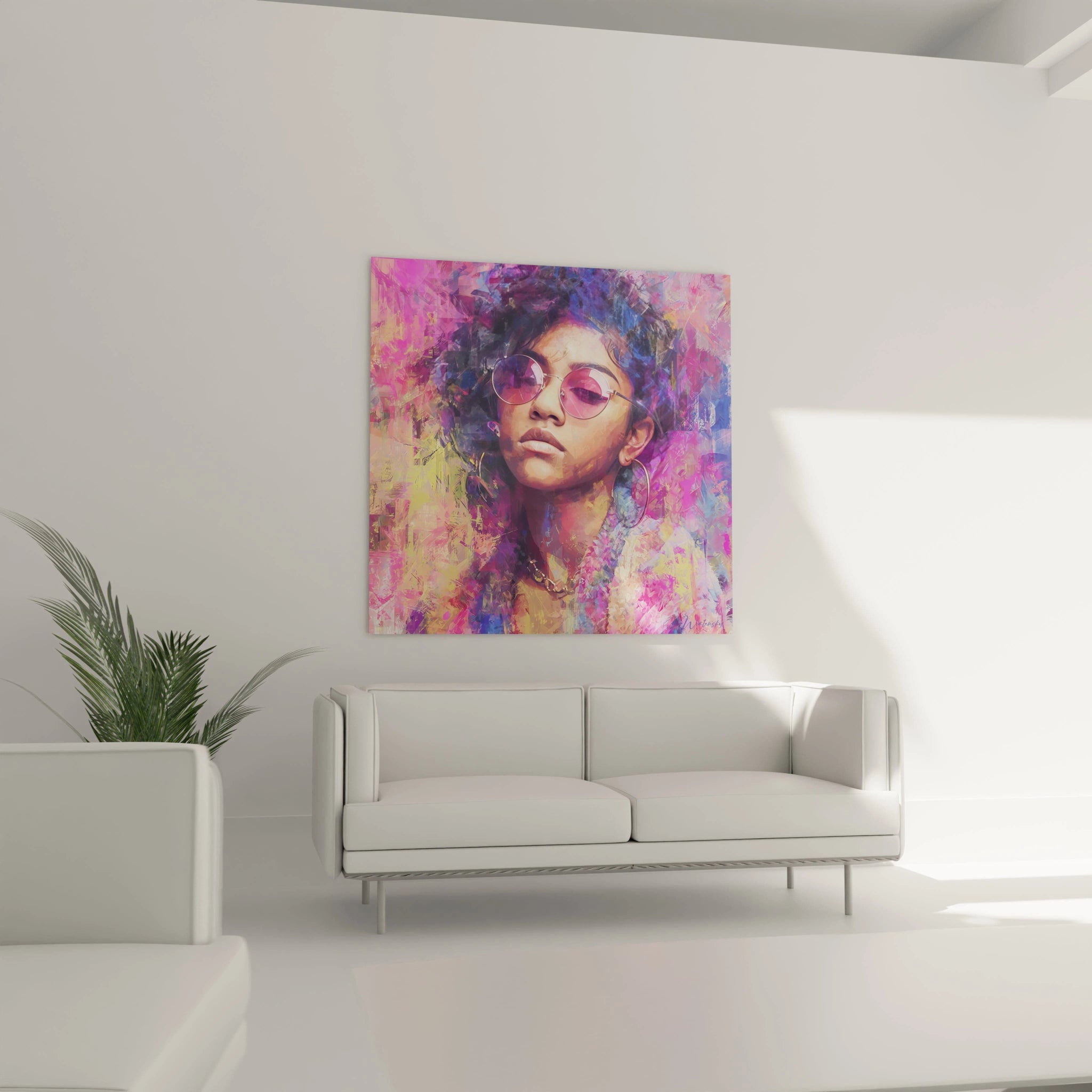 Tableau portrait femme art urbain aux couleurs vives accroché sur un mur moderne