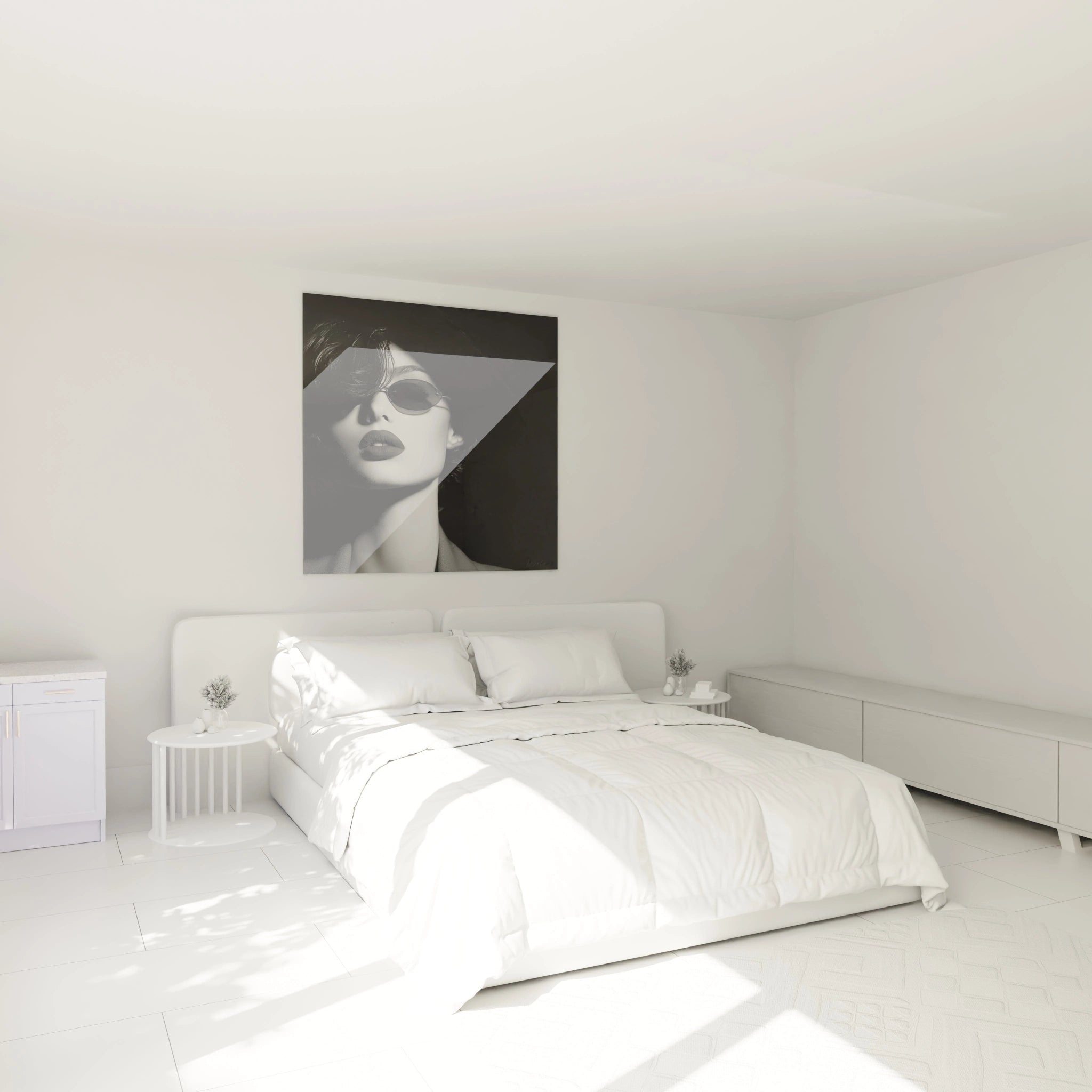 Tableau mural portrait femme noir et blanc sur fond blanc dans une chambre moderne