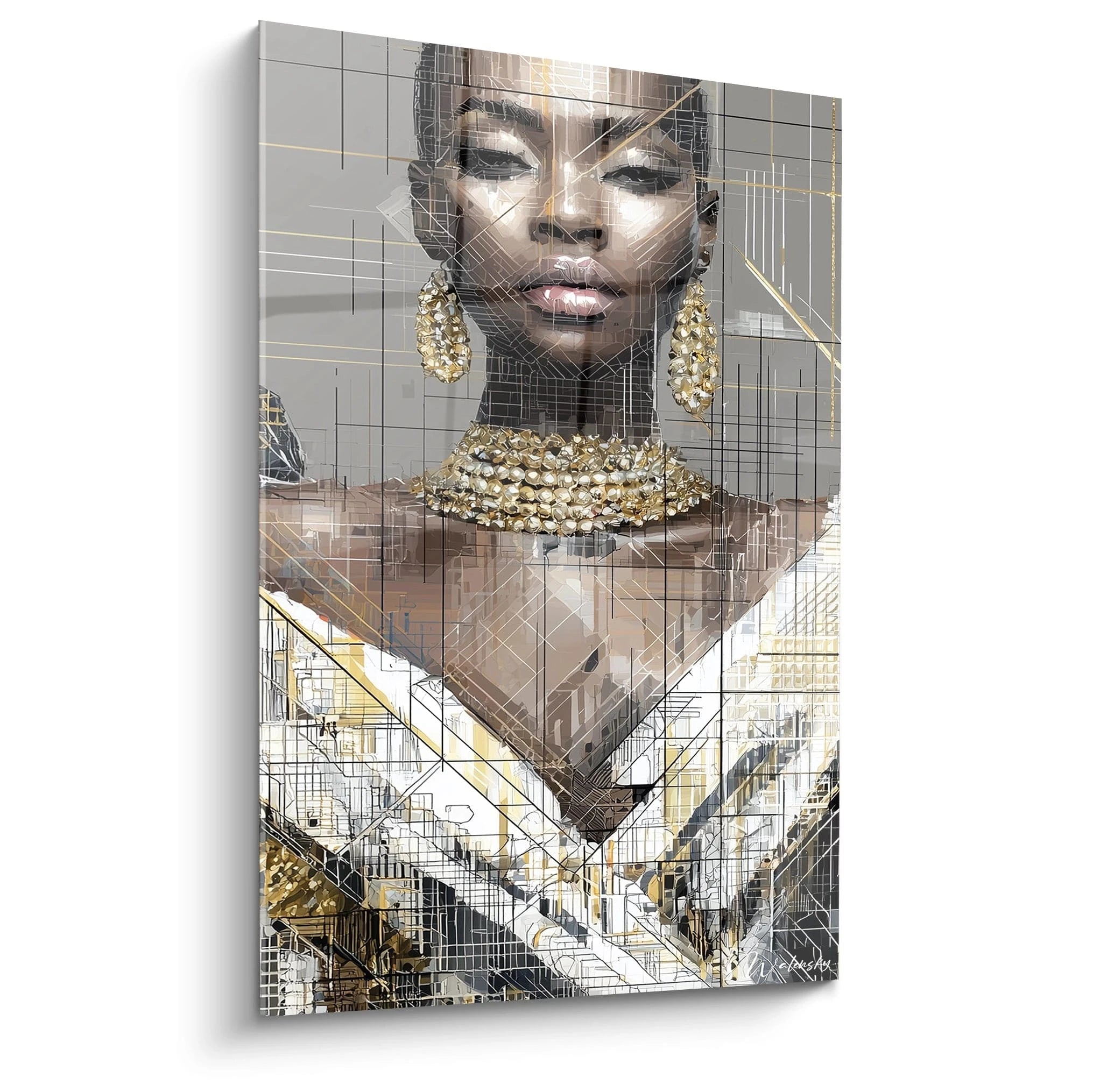 Tableau mural femme afro futuriste avec des détails métalliques et des accessoires élégants