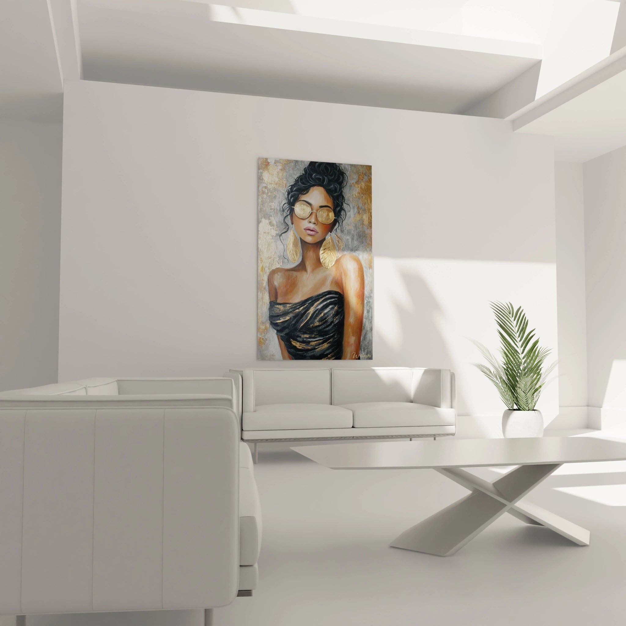 Tableau portrait femme moderne de Walensky, représentant une femme avec des lunettes dans un espace contemporain