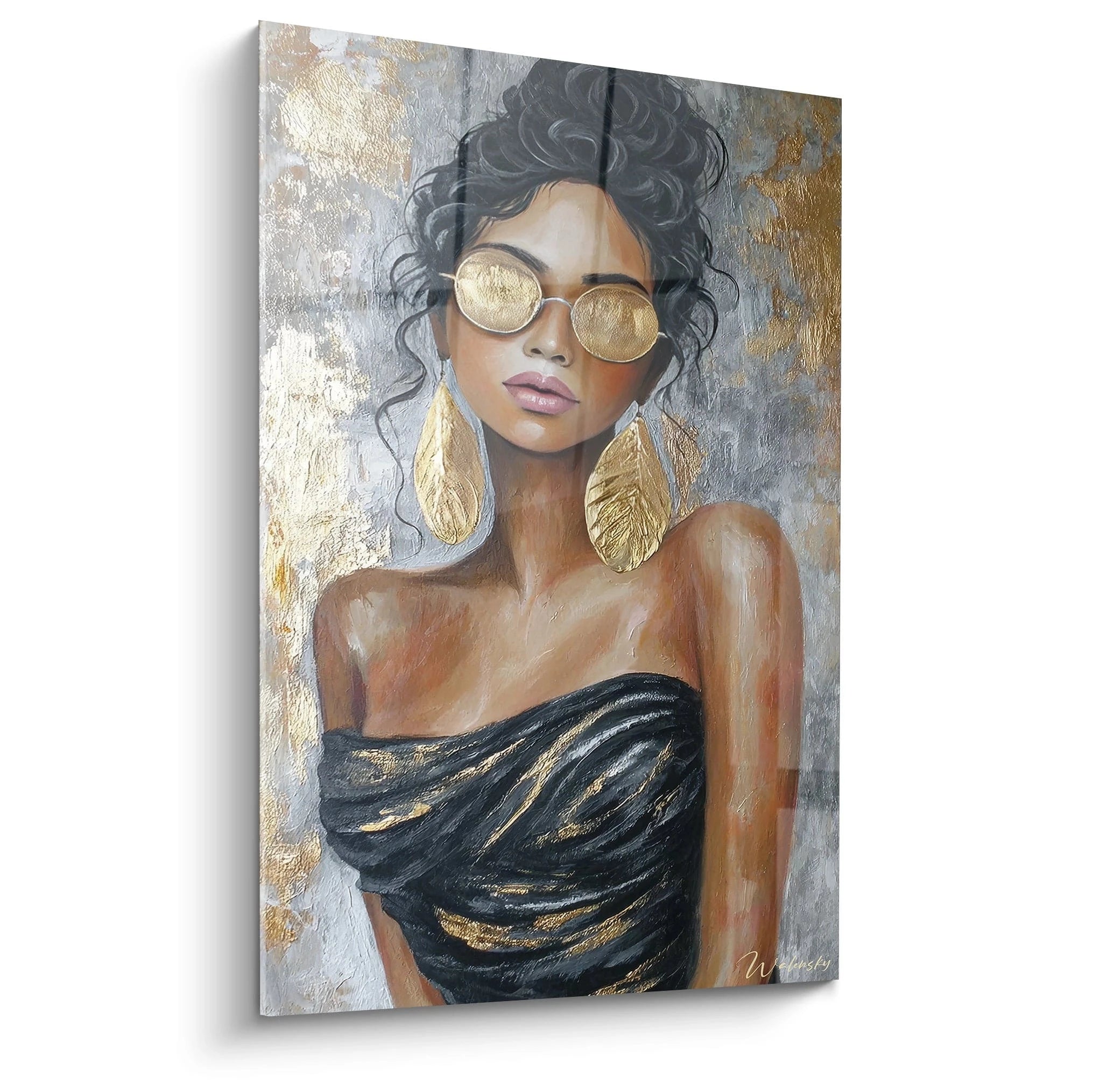Tableau mural portrait femme moderne portant des lunettes de soleil et des boucles d'oreilles dorées