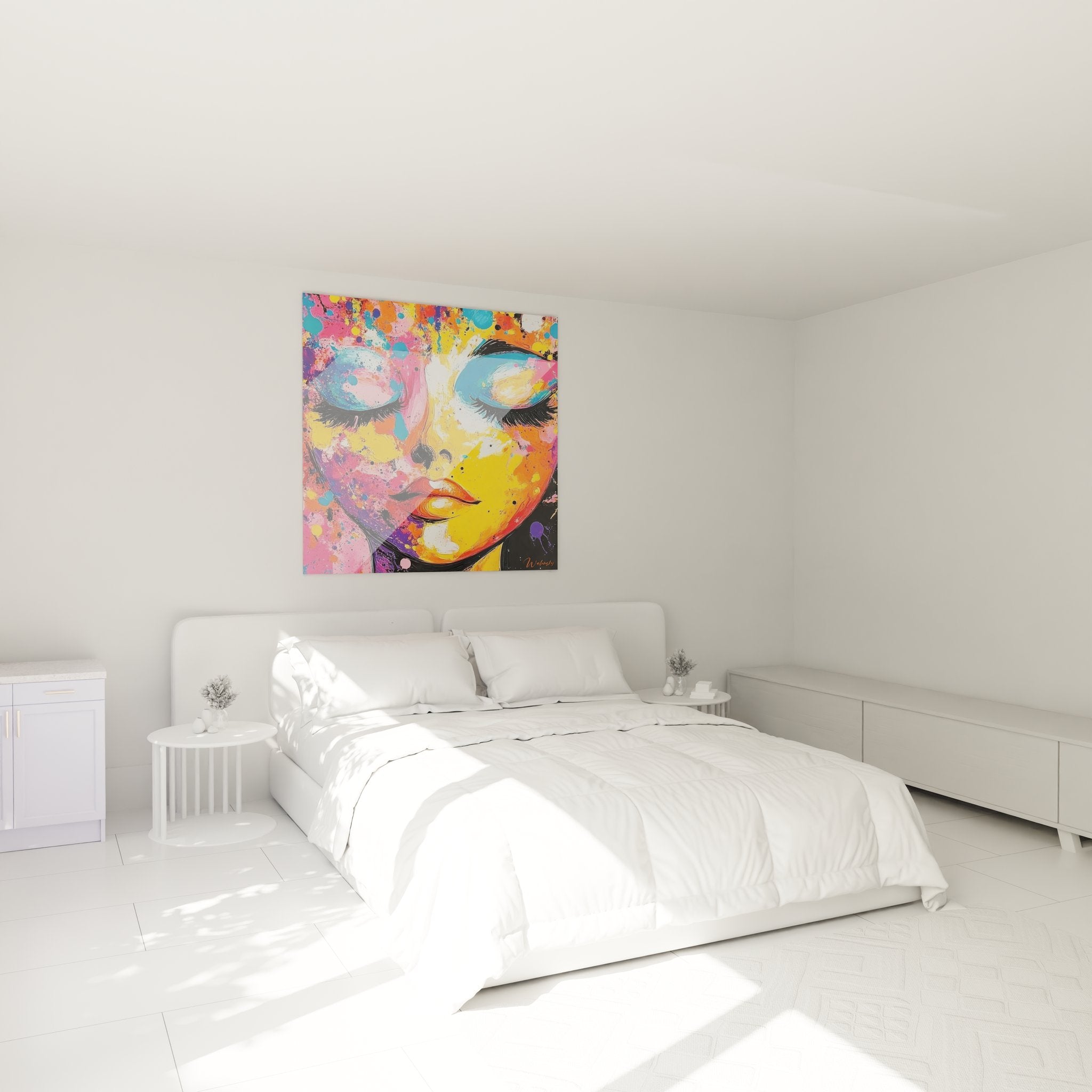Tableau portrait femme coloré dans chambre moderne avec décoration contemporaine