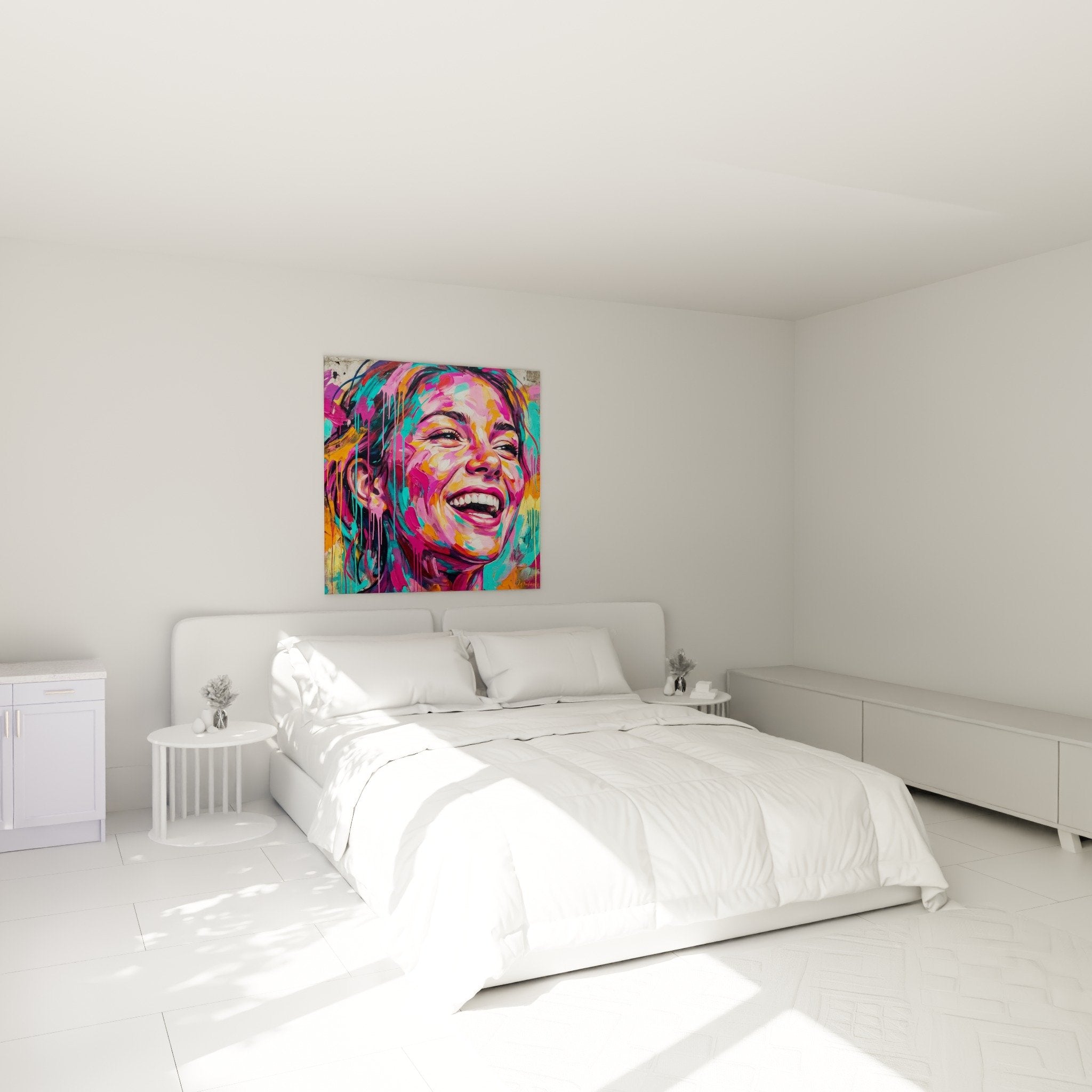 Farbiges Frauenporträt Street-Art-Wandbild dekoriert modernes Schlafzimmer mit weißen Wänden zeitgenössische Atmosphäre