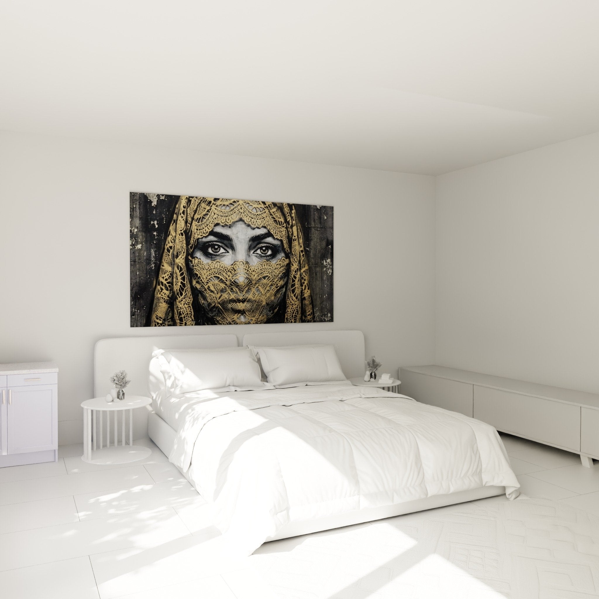 Porträtgemälde Frau mit goldenem Schleier moderne Schlafzimmerdekoration anthrazitgraue Wand