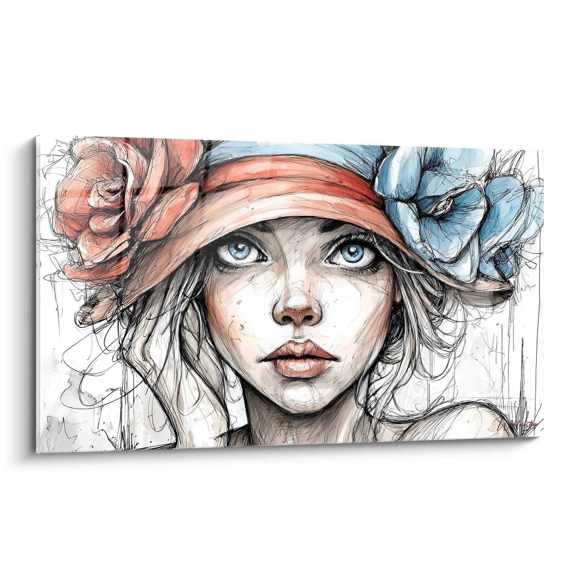 Tableau portrait femme romantique avec un chapeau orné de fleurs et des traits fins