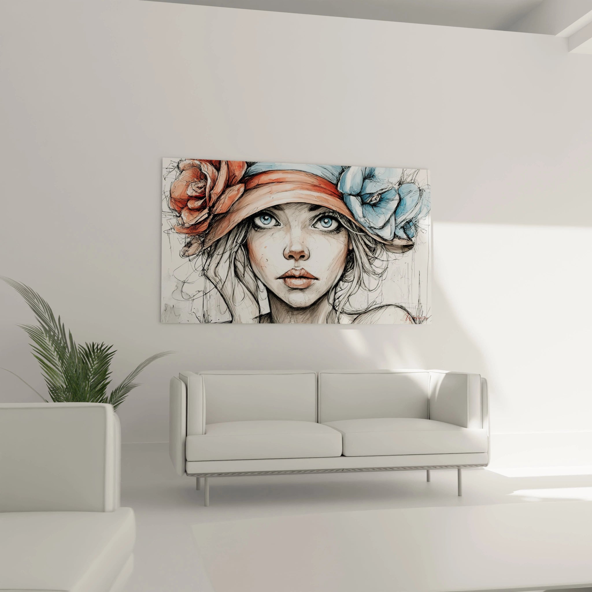 Tableau portrait femme romantique de Walensky avec des fleurs dans les cheveux, décor moderne