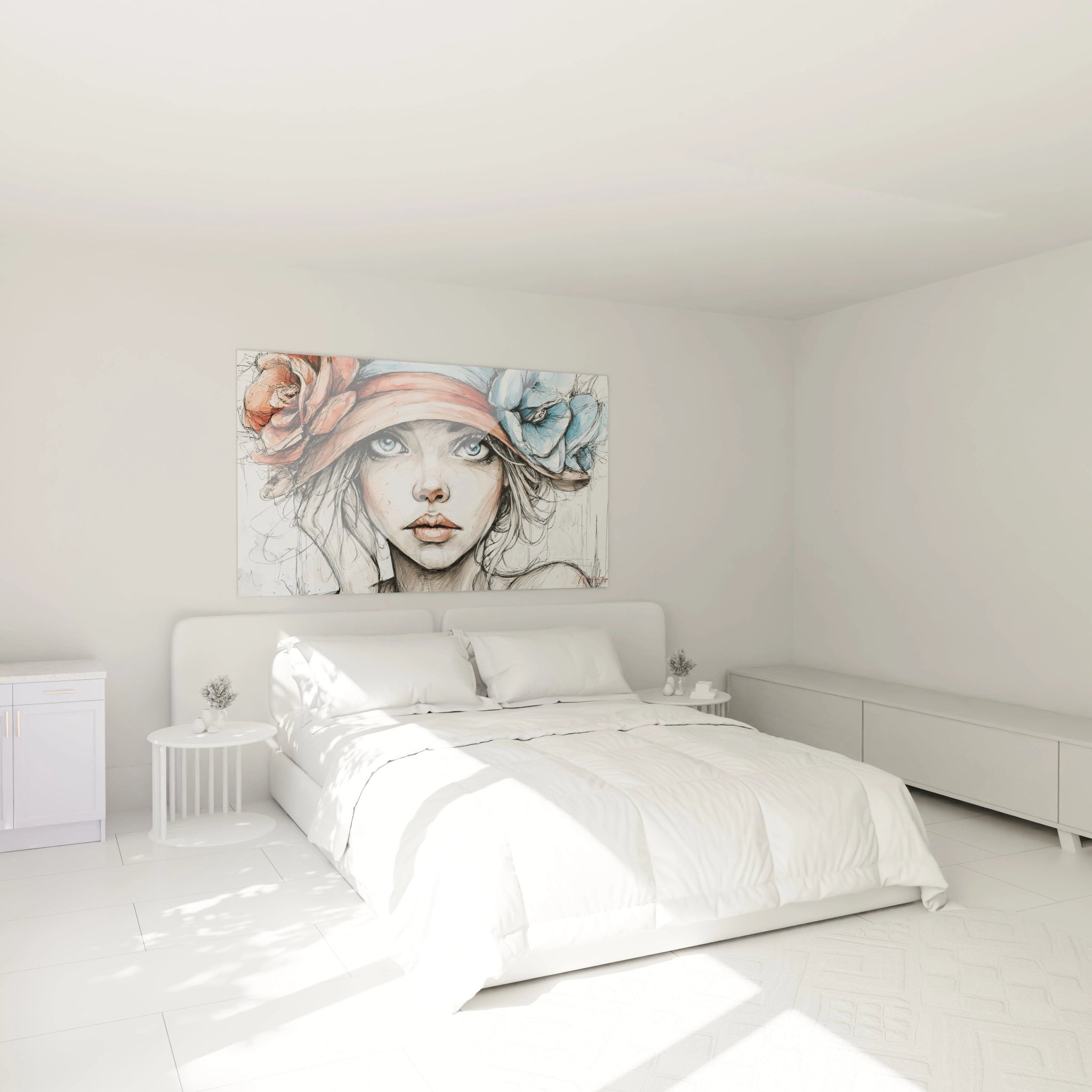 Tableau mural portrait femme romantique avec des fleurs sur fond clair pour décorer une chambre élégante