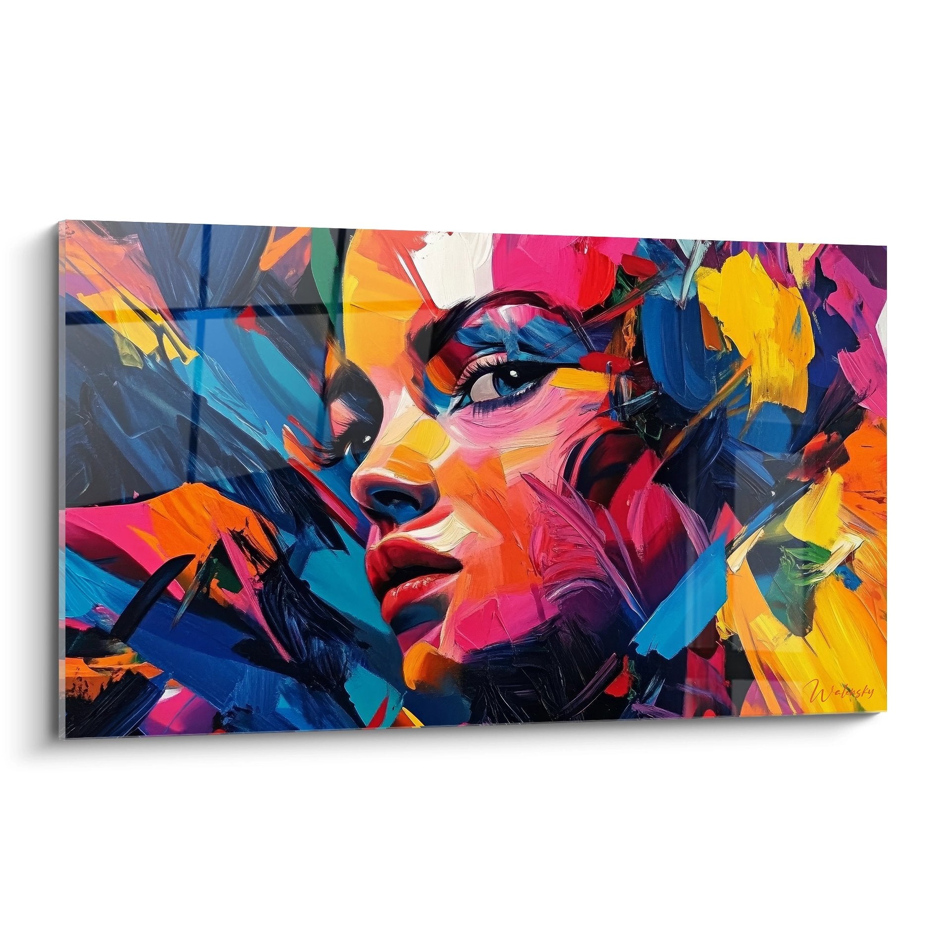 Tableau portrait femme coloré style figuratif abstrait aux couleurs vives bleu rose orange