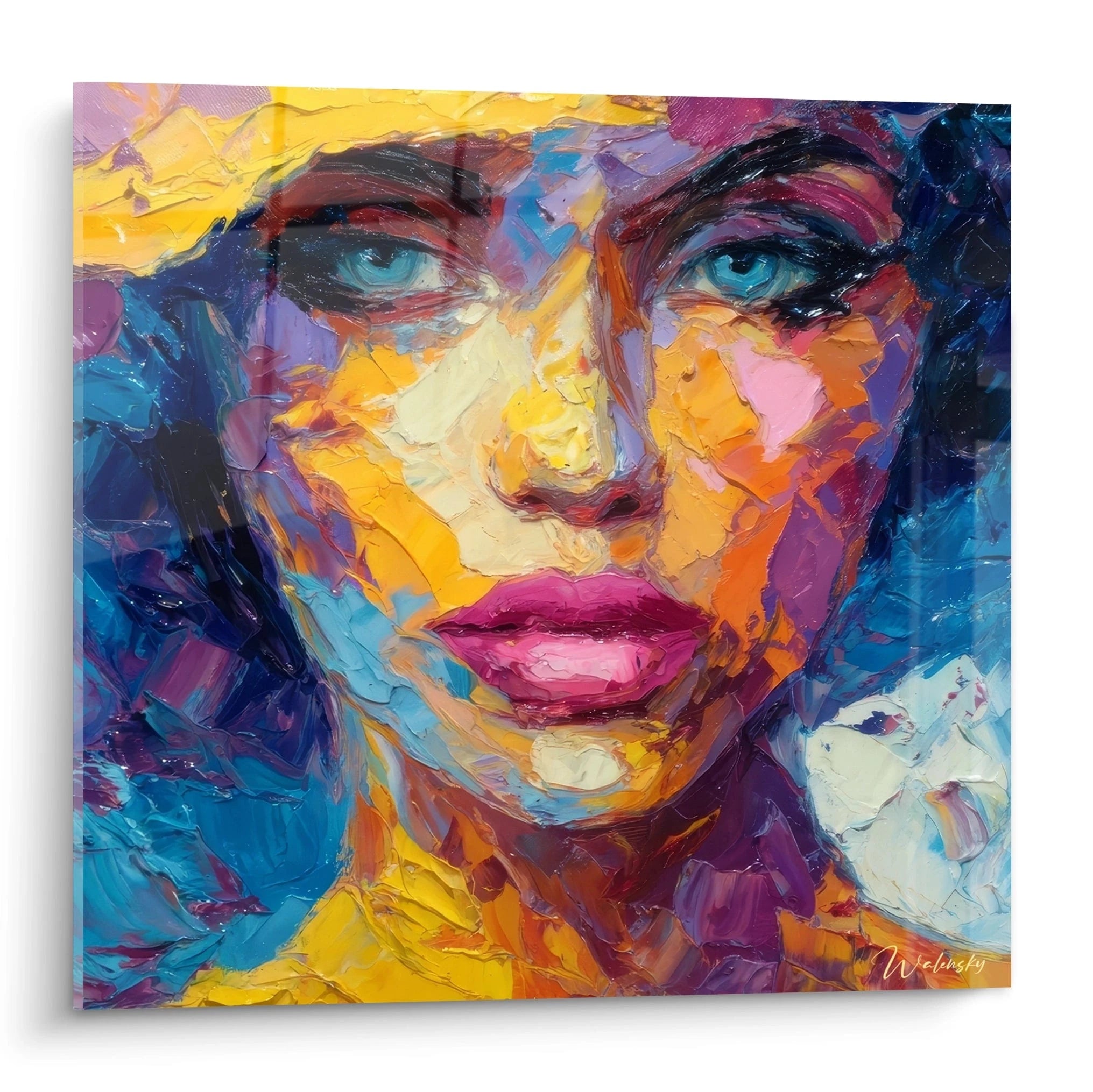 Tableau mural portrait femme moderne avec des couleurs vives et des textures riches, signé par Walensky