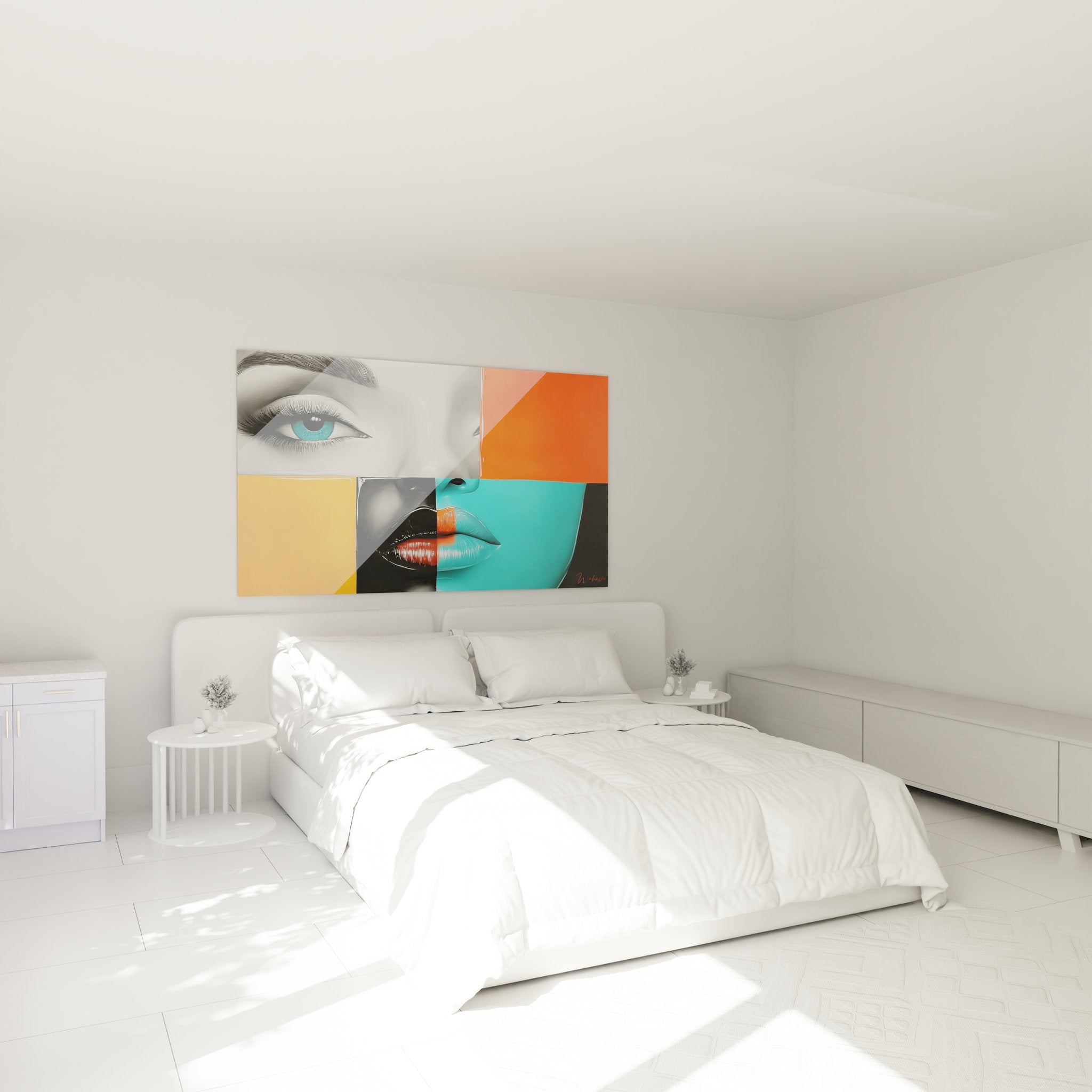 Tableau portrait féminin moderne dans décoration chambre contemporaine avec couleurs pop