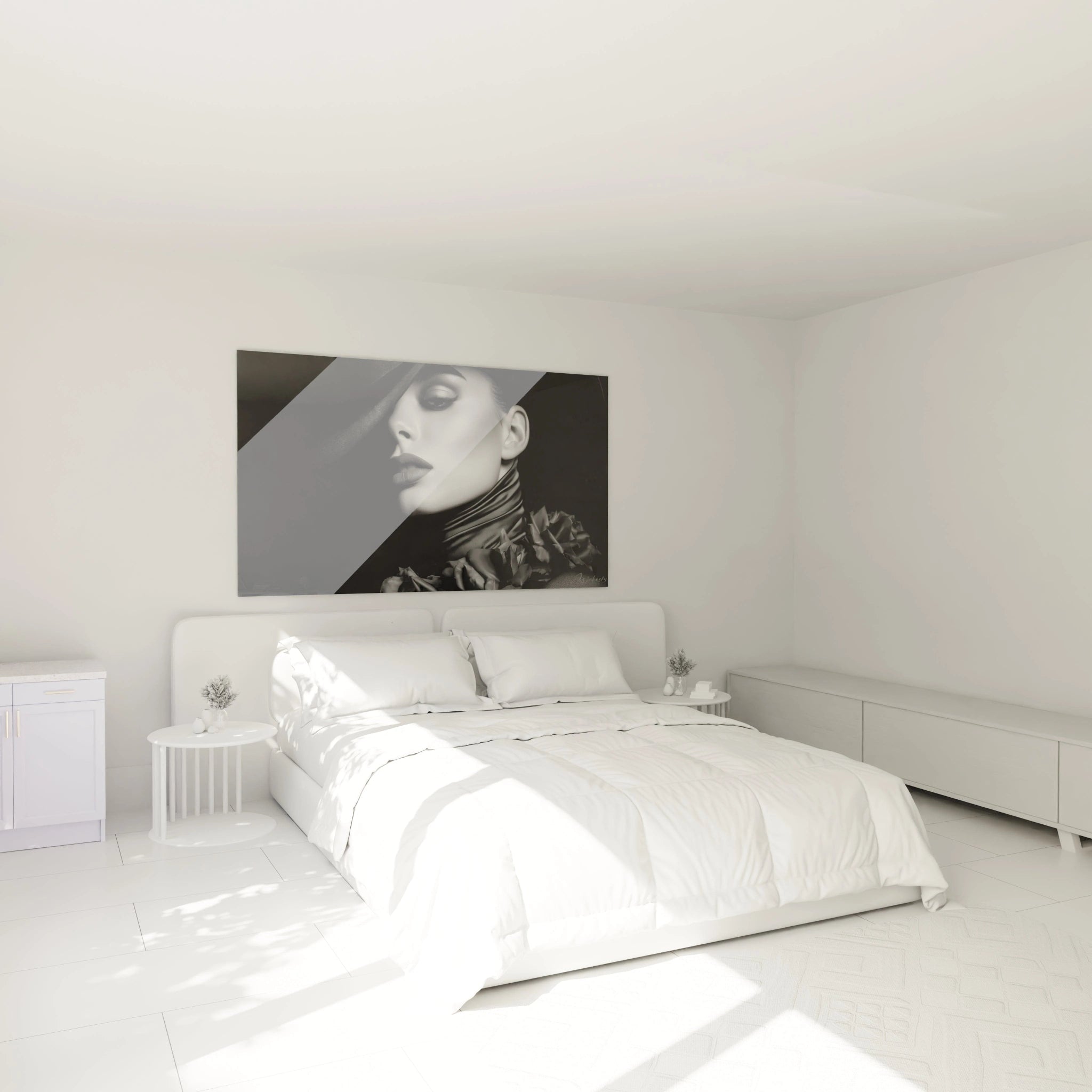 Tableau mural portrait femme noir et blanc dans une chambre moderne avec lit lumineux
