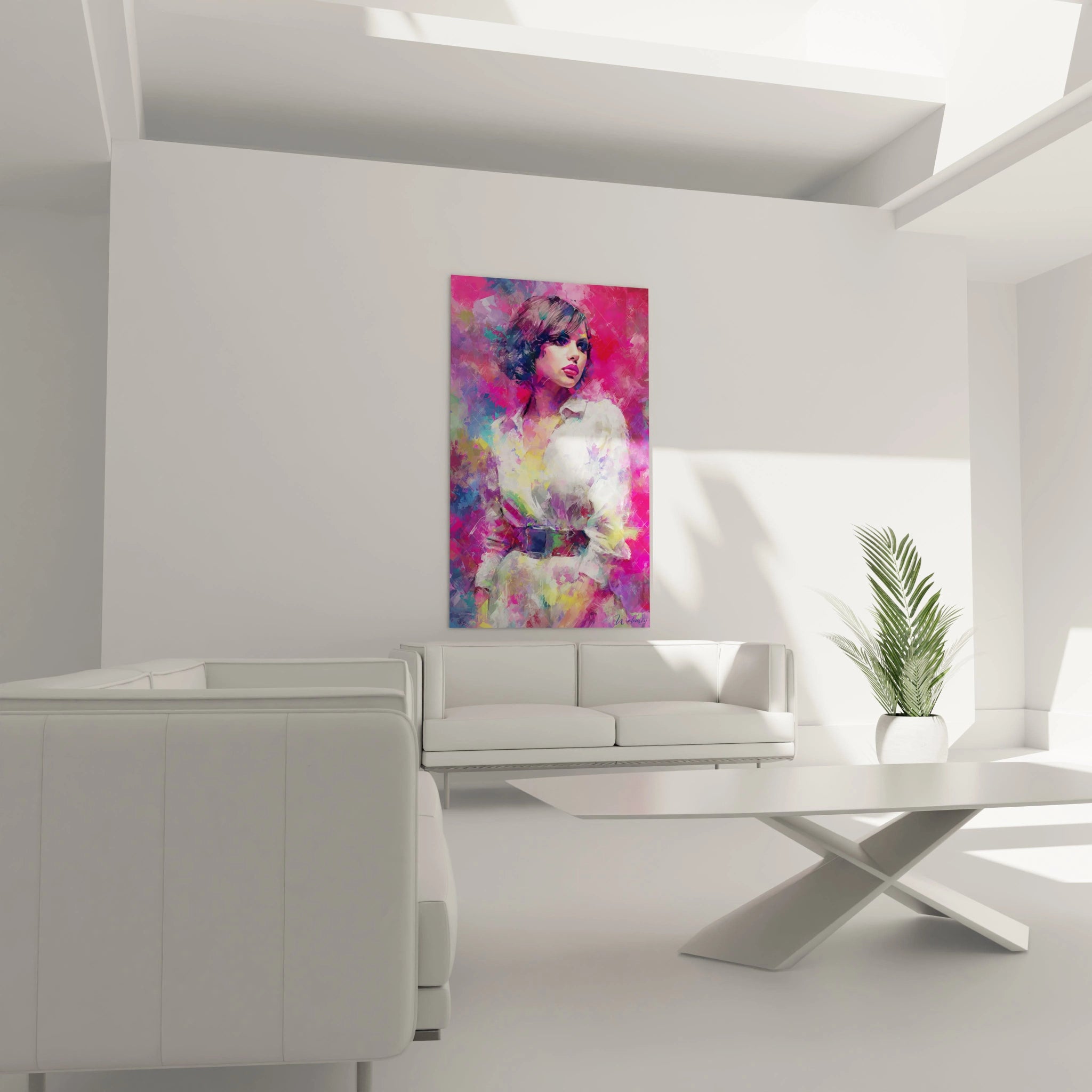 Tableau portrait femme vintage de Walensky avec des couleurs vibrantes dans un salon moderne