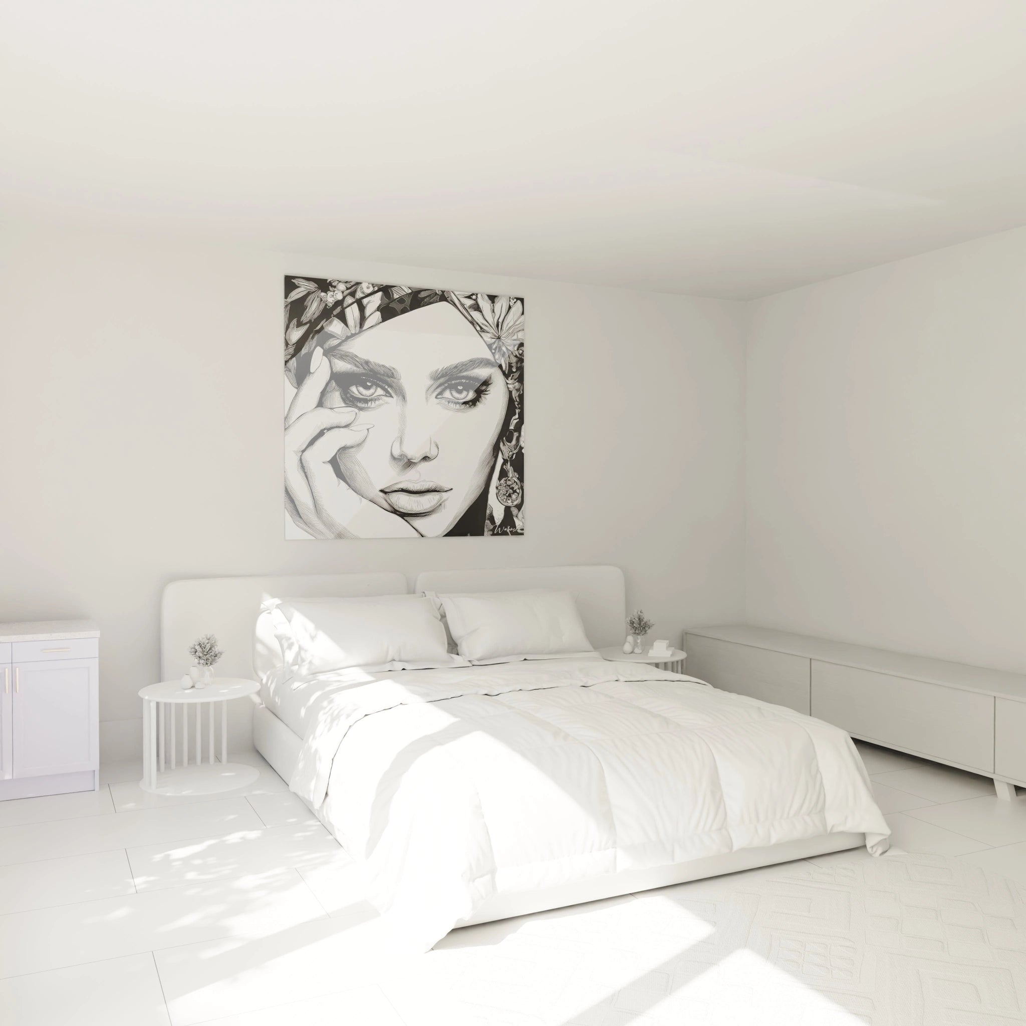 Tableau portrait femme moderne de Walensky accroché au mur au-dessus d'un lit dans une chambre lumineuse