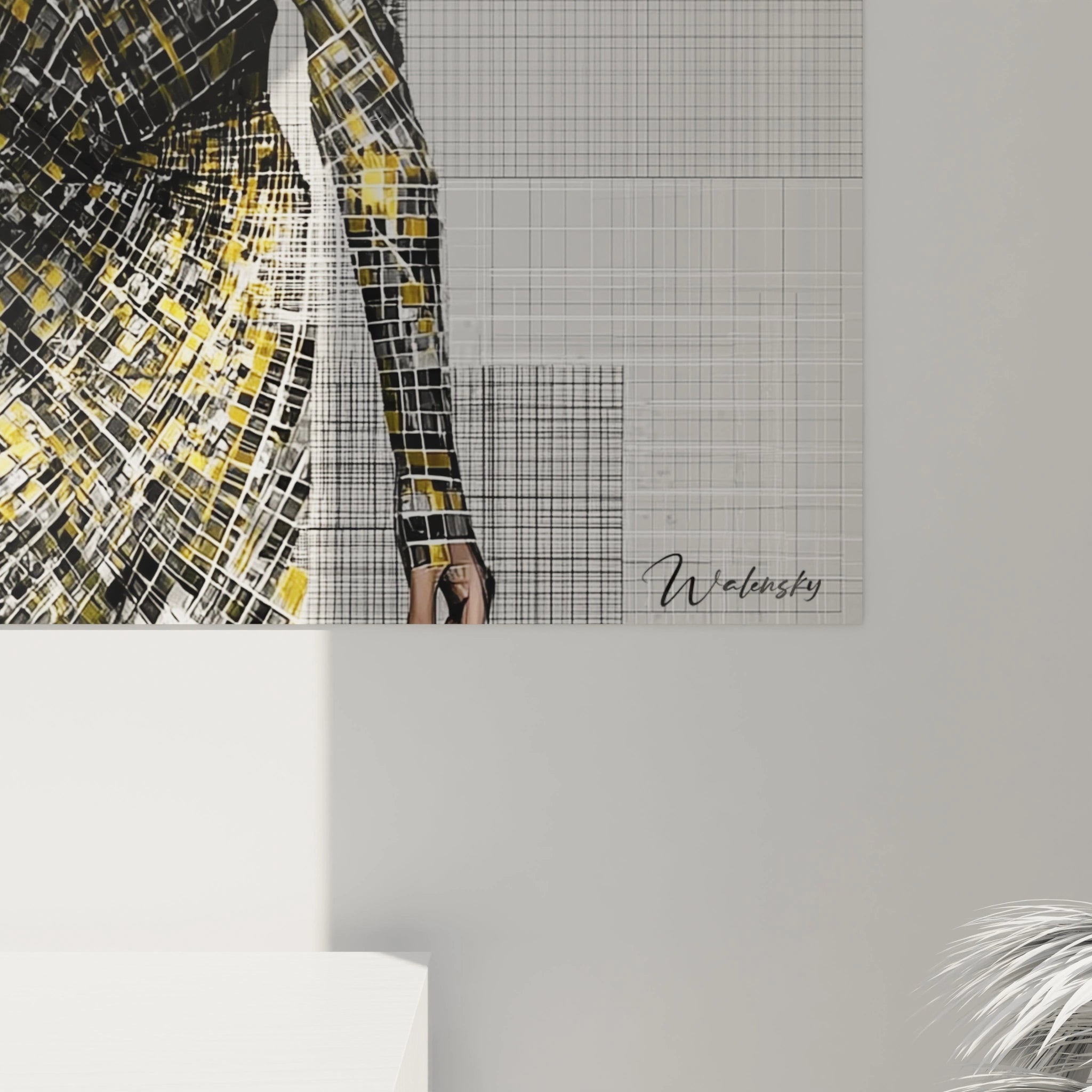 Tableau mural portrait femme haute couture avec des motifs géométriques en noir et jaune
