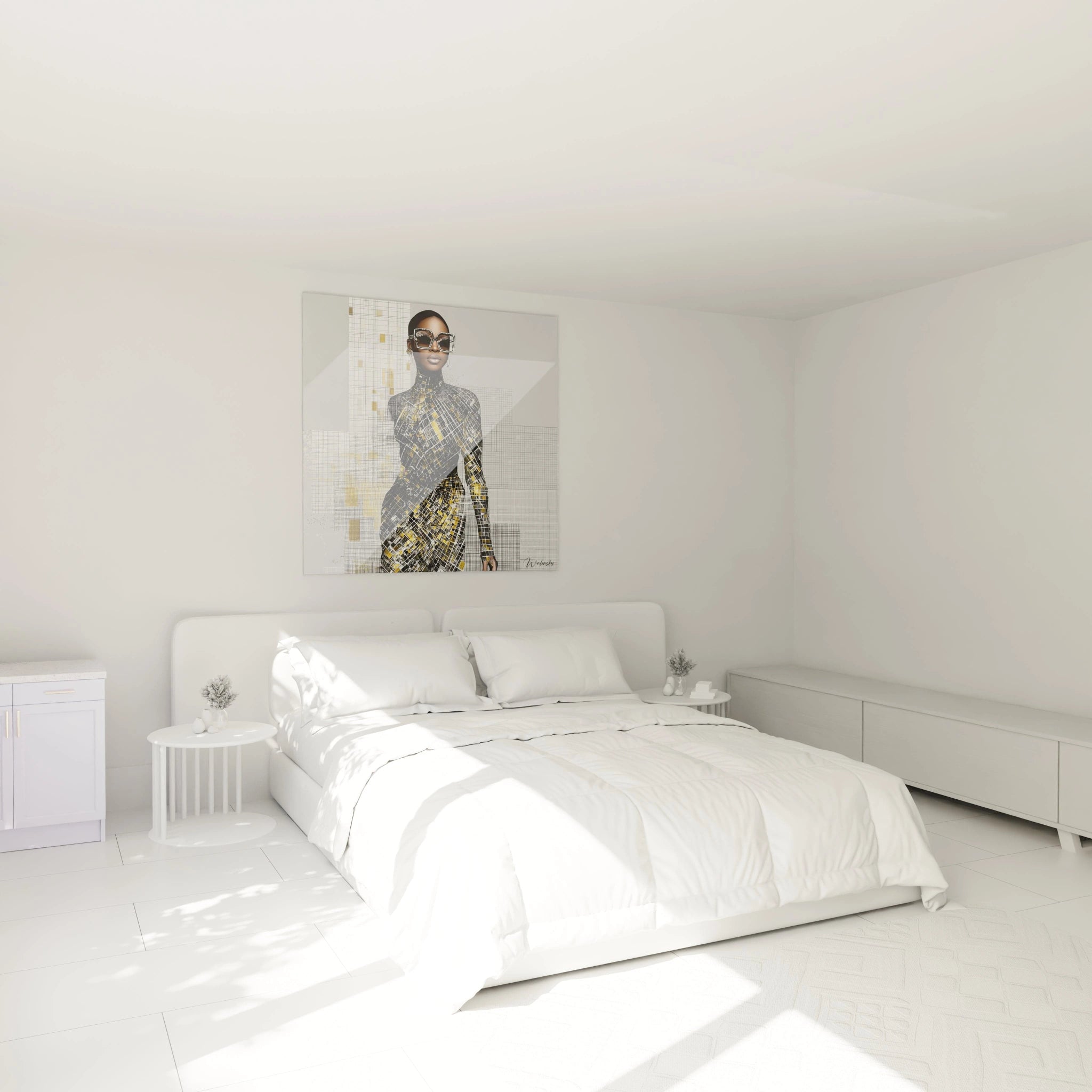 Tableau mural portrait femme haute couture dans une chambre moderne et lumineuse