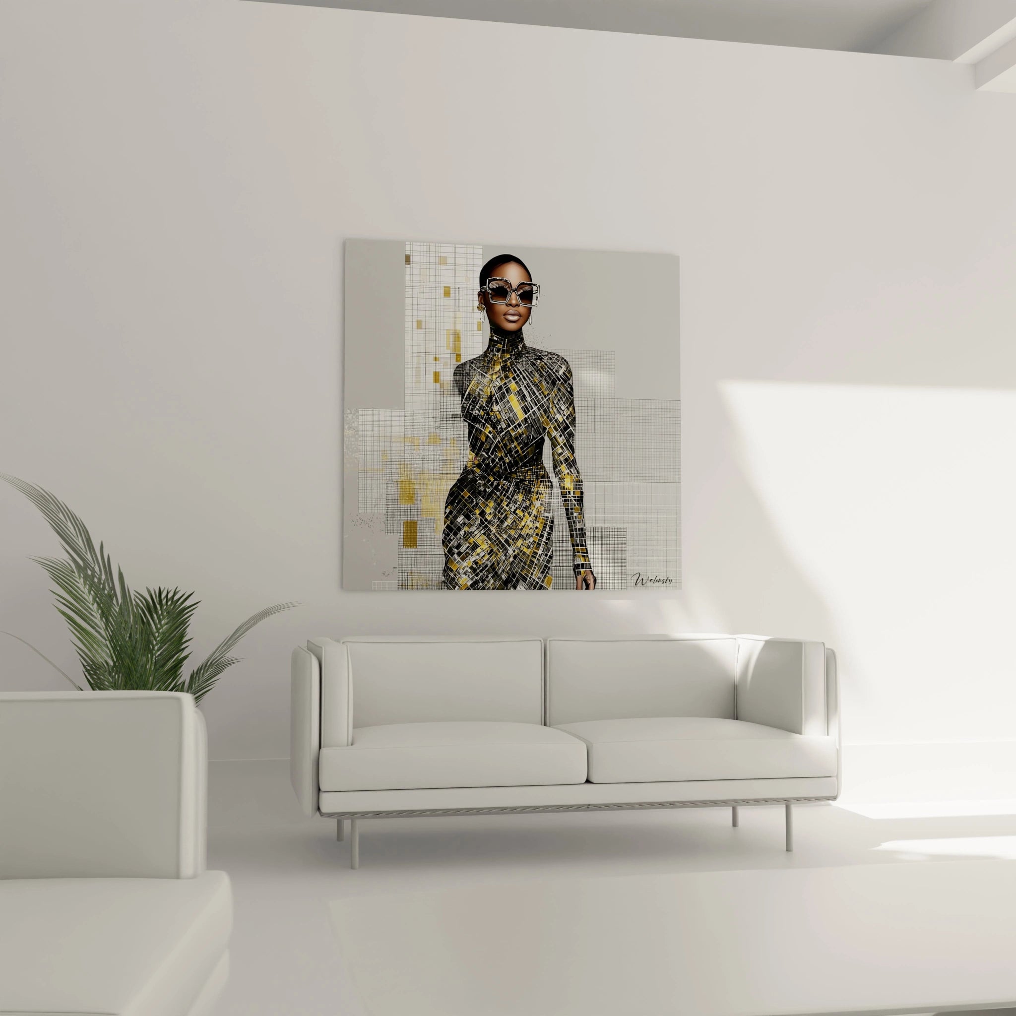 Tableau portrait femme haute couture avec un modèle élégant portant des lunettes de soleil