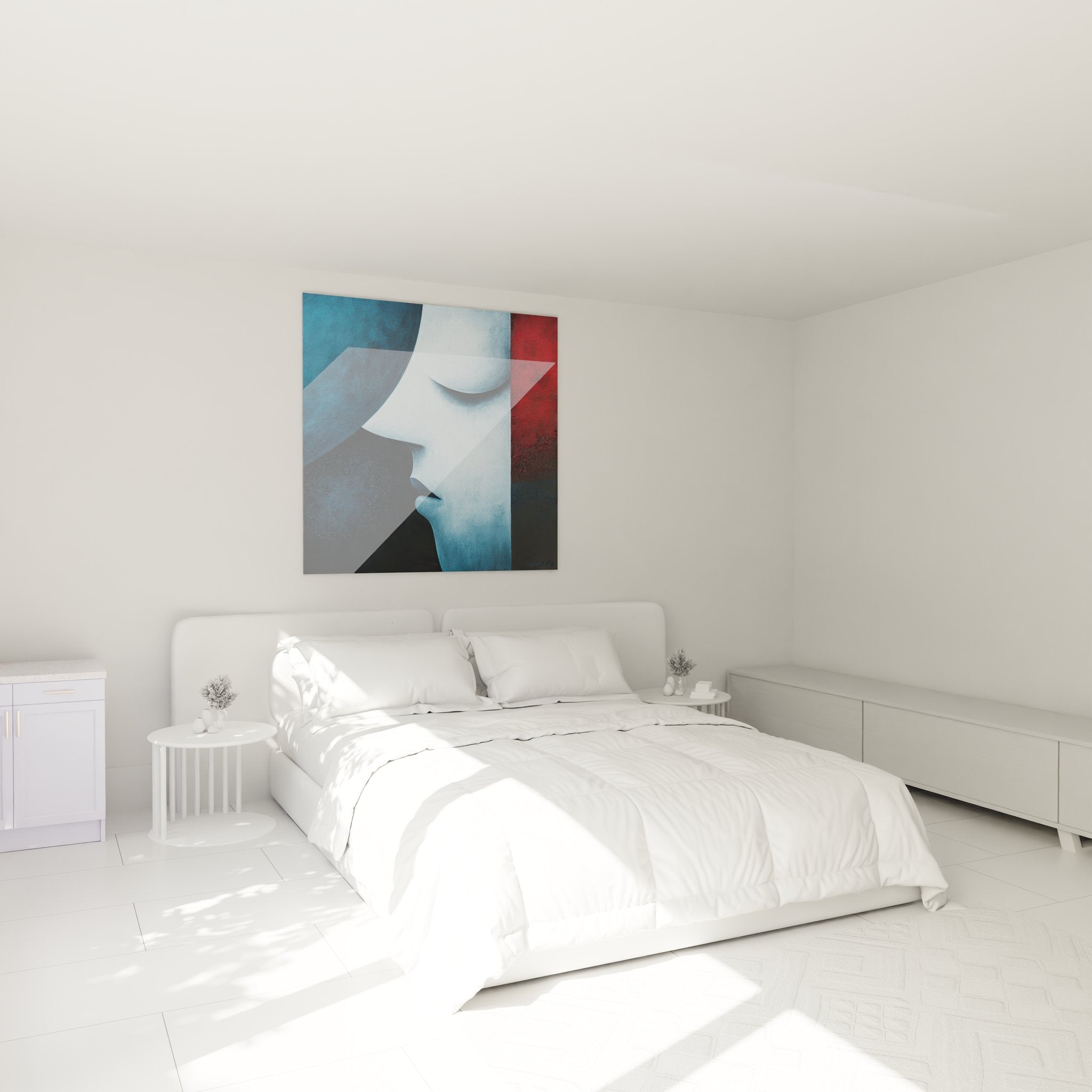 Tableau visage femme géométrique abstrait dans chambre moderne décoration murale contemporaine
