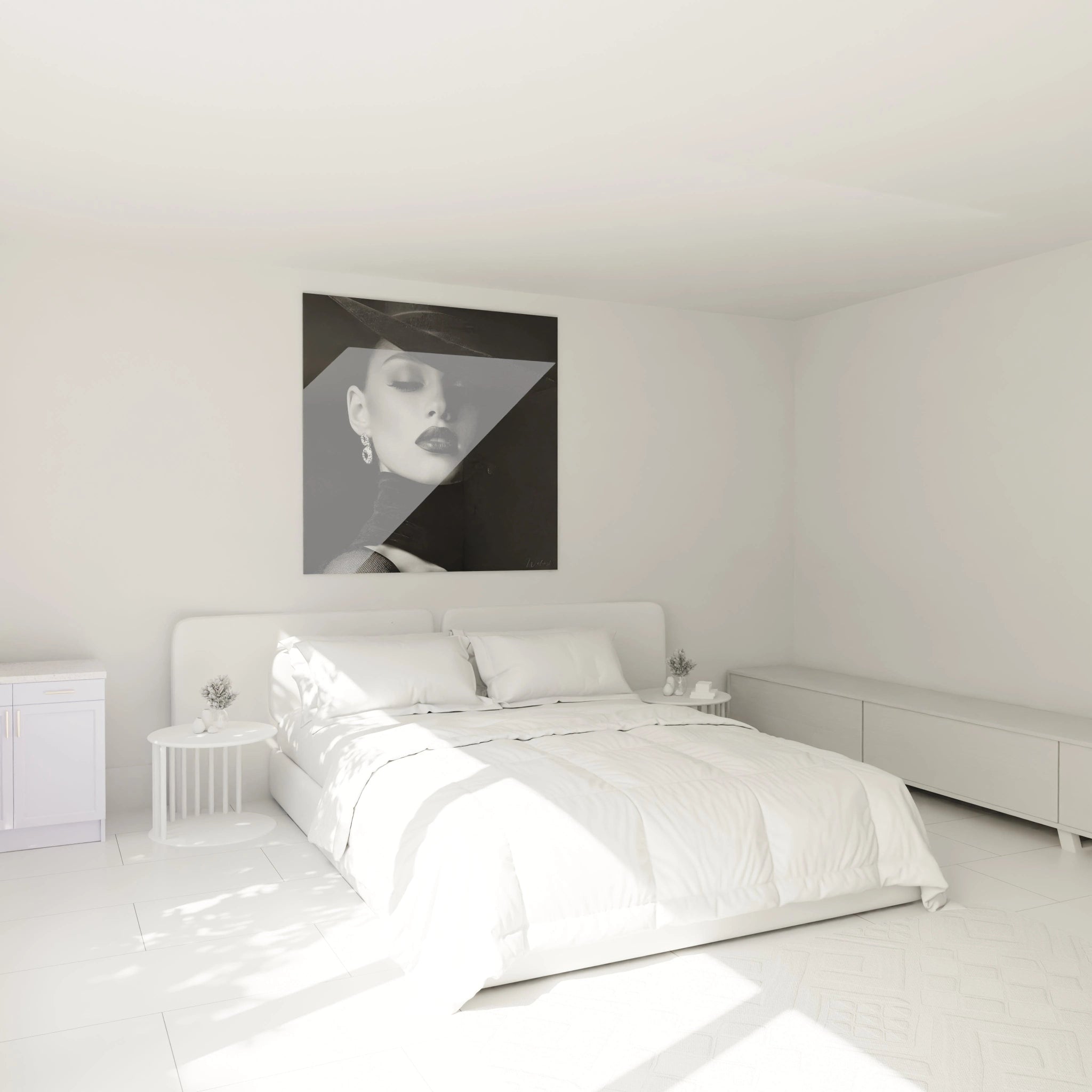 Tableau mural portrait femme noir et blanc élégant au-dessus d'un lit moderne dans une chambre lumineuse
