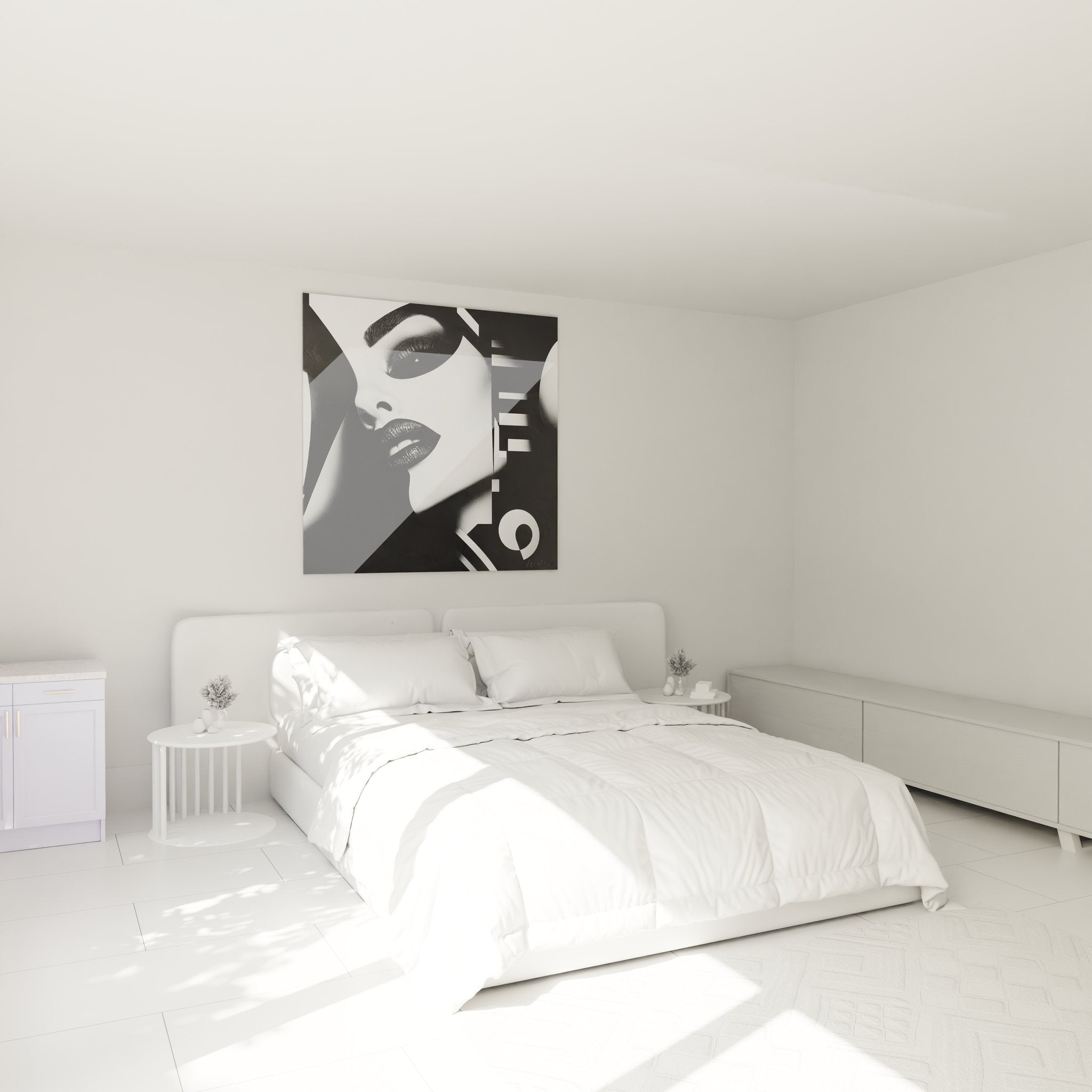 Tableau portrait femme noir blanc décorant chambre moderne ambiance sophistiquée design