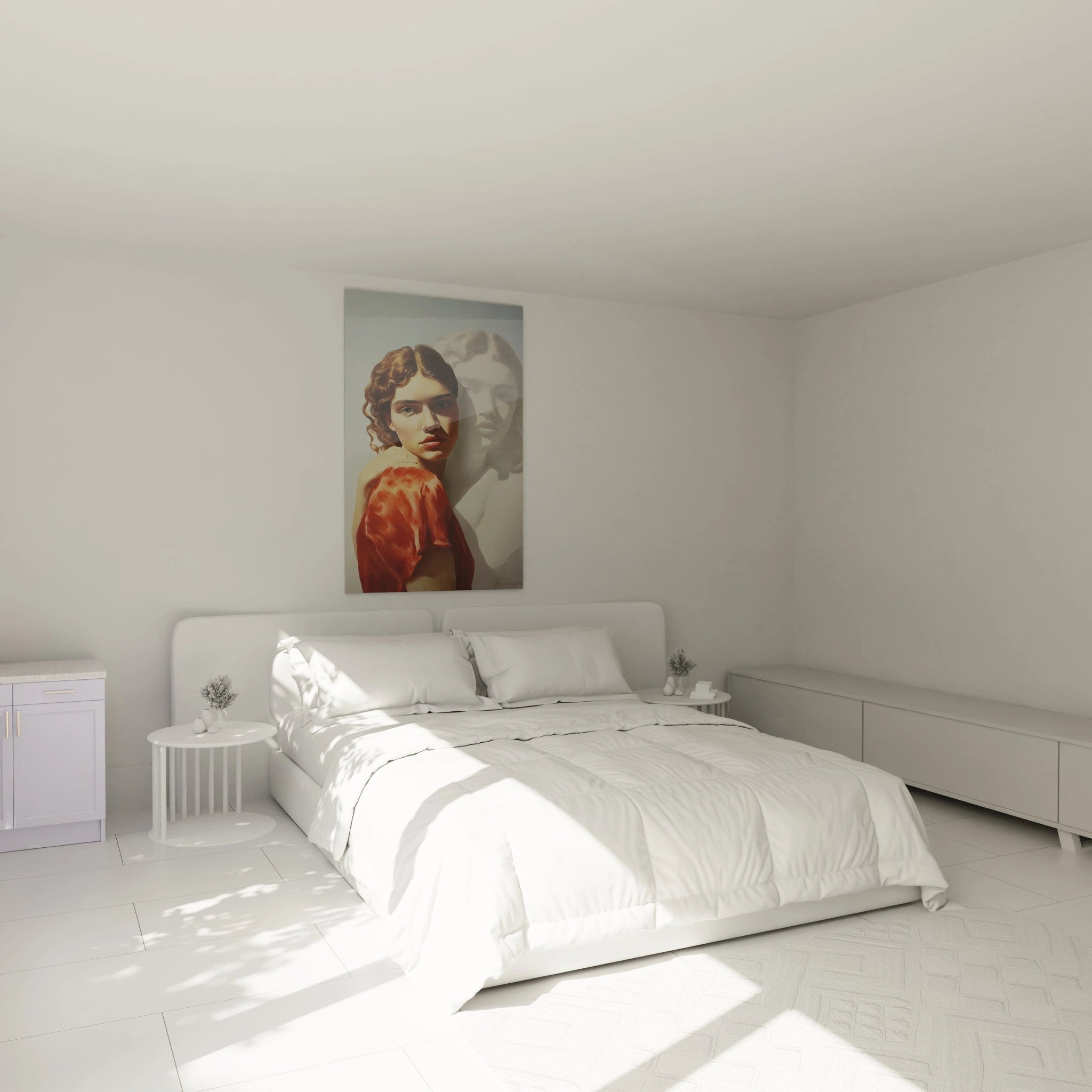Walensky tableau portrait femme hyperréalisme accroche murale au dessus du lit dans chambre minimaliste lumineuse