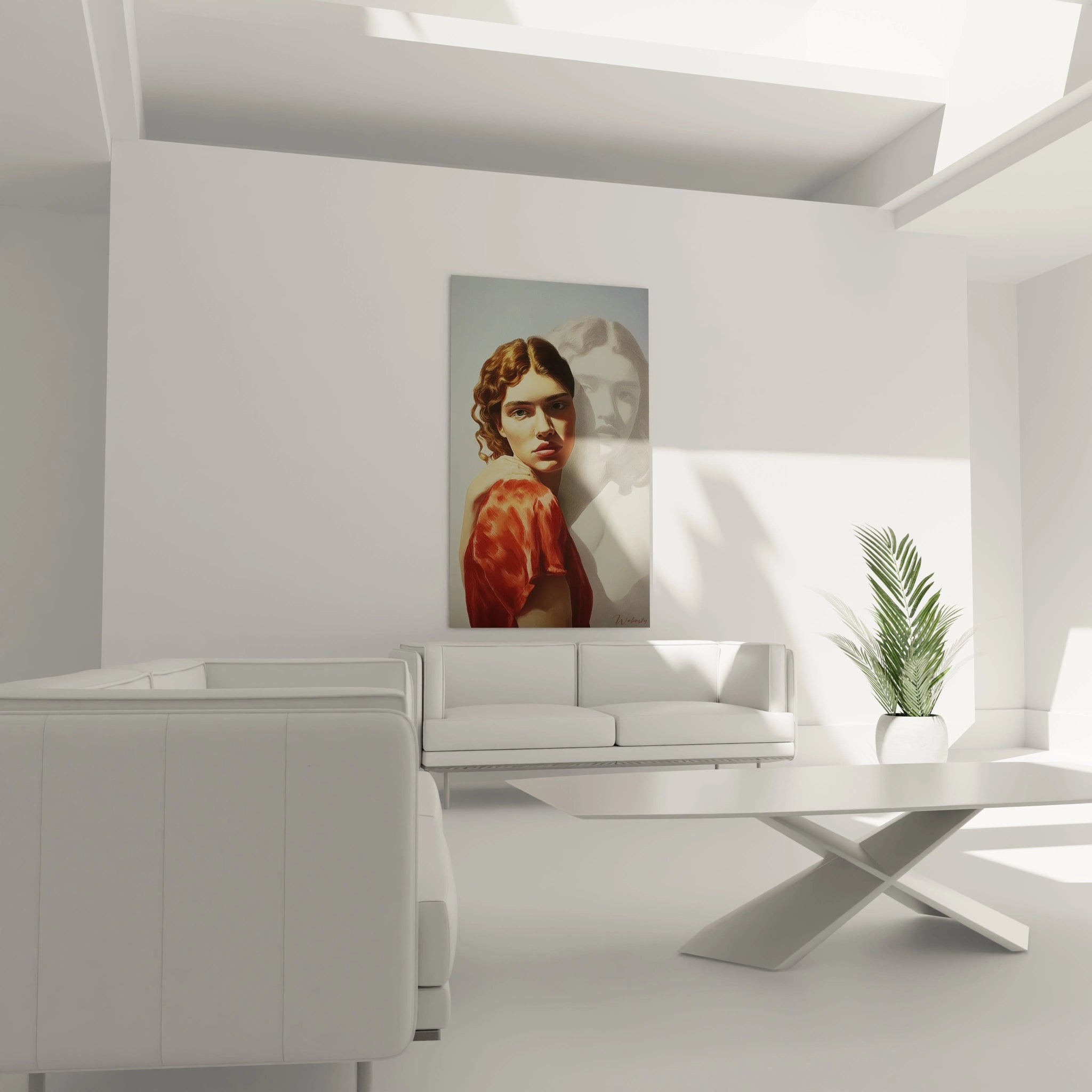 tableau portrait femme hyperréalisme Walensky accroché dans un salon minimaliste blanc avec canapé et plante