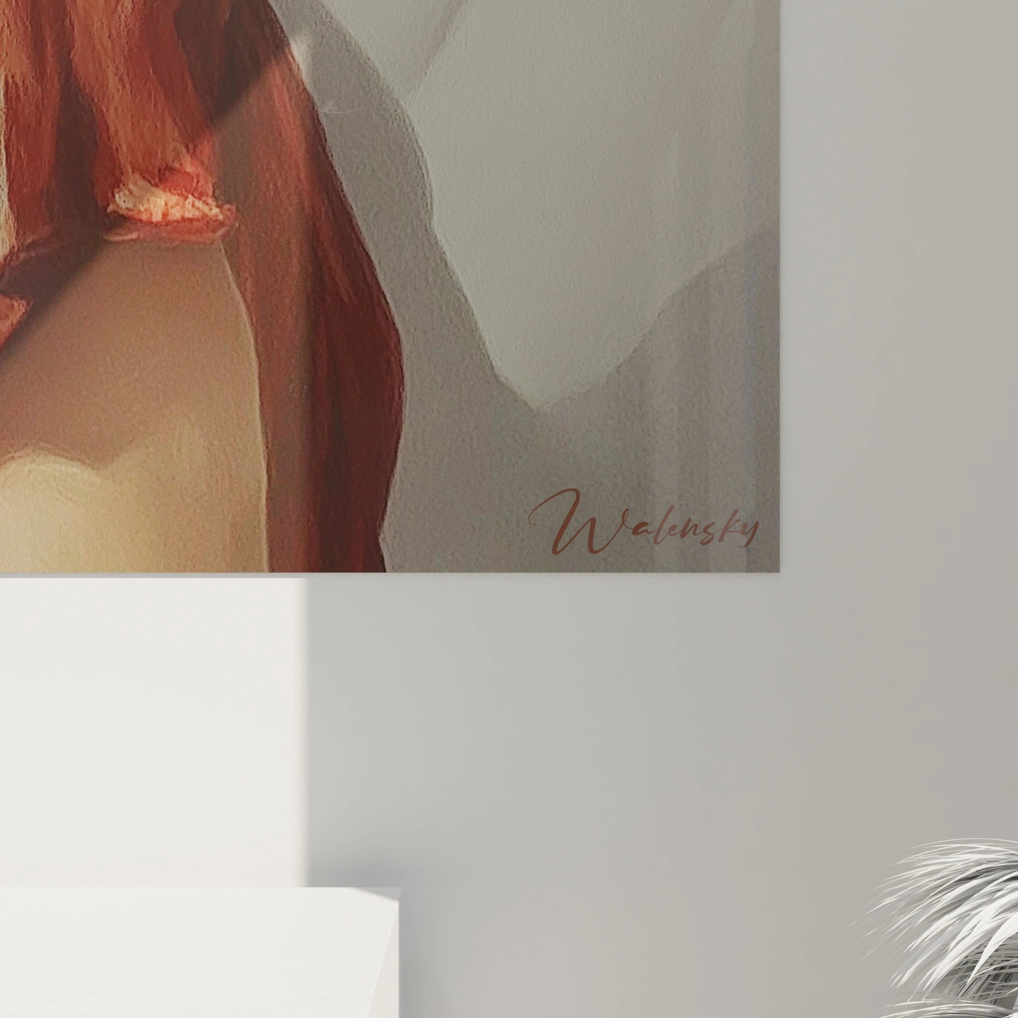 Tableau mural Walensky montrant un détail de tableau portrait femme hyperréalisme aux cheveux roux signé Walensky sur mur gris