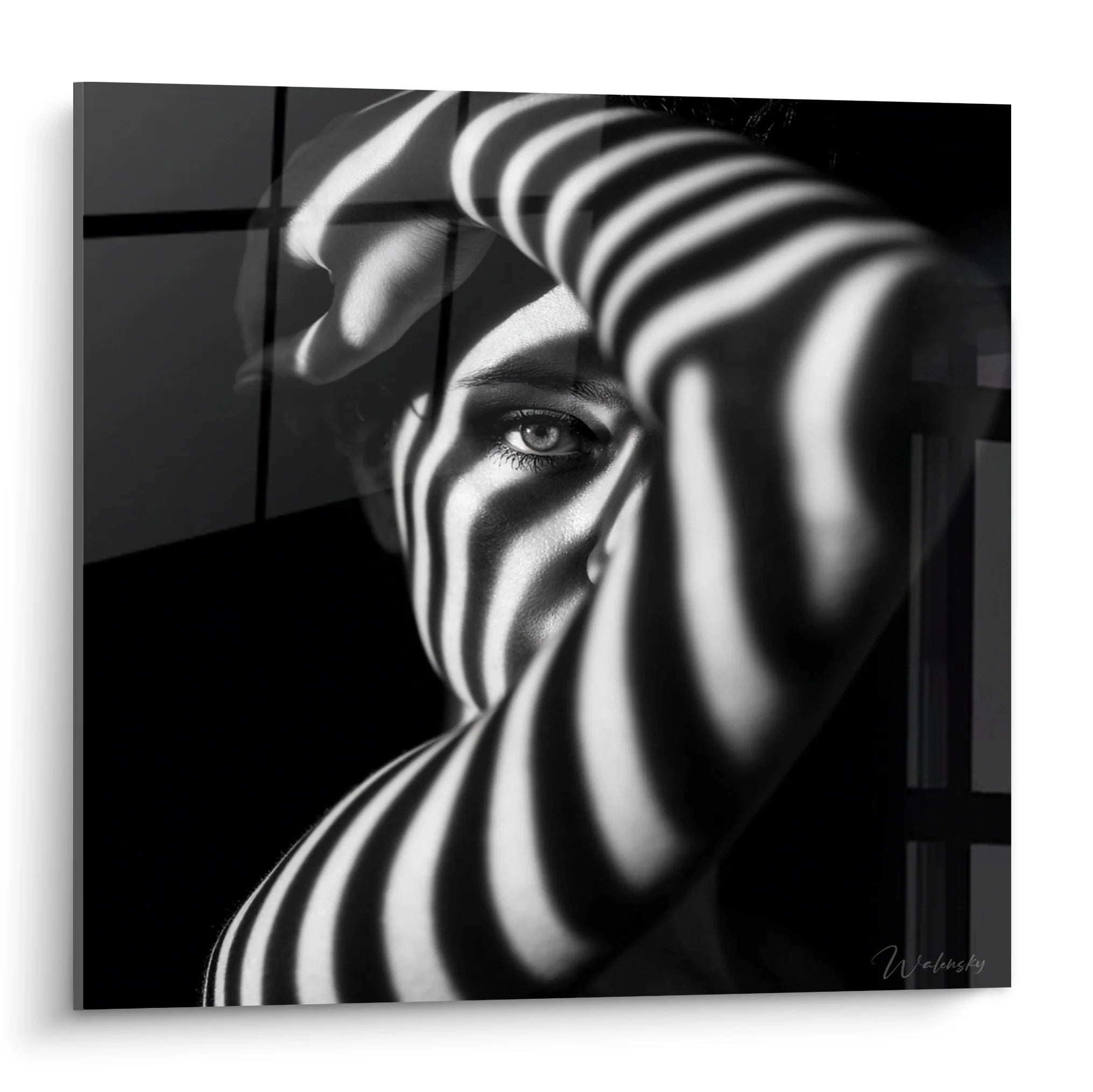 Tableau portrait femme noir blanc avec jeux ombres lumière, décoration murale artistique contemporaine