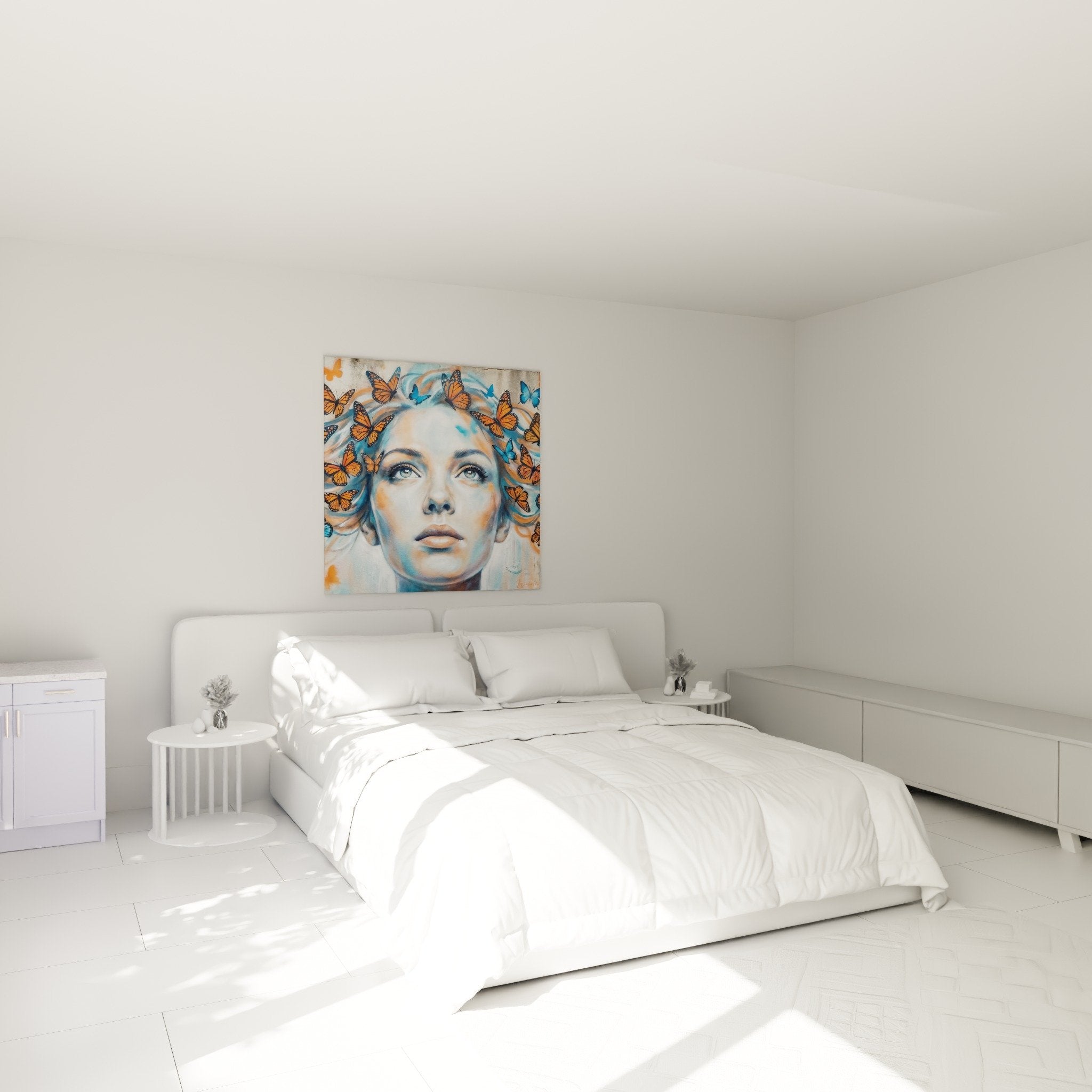 Tableau portrait femme papillons orange dans chambre moderne decoration murale contemporaine
