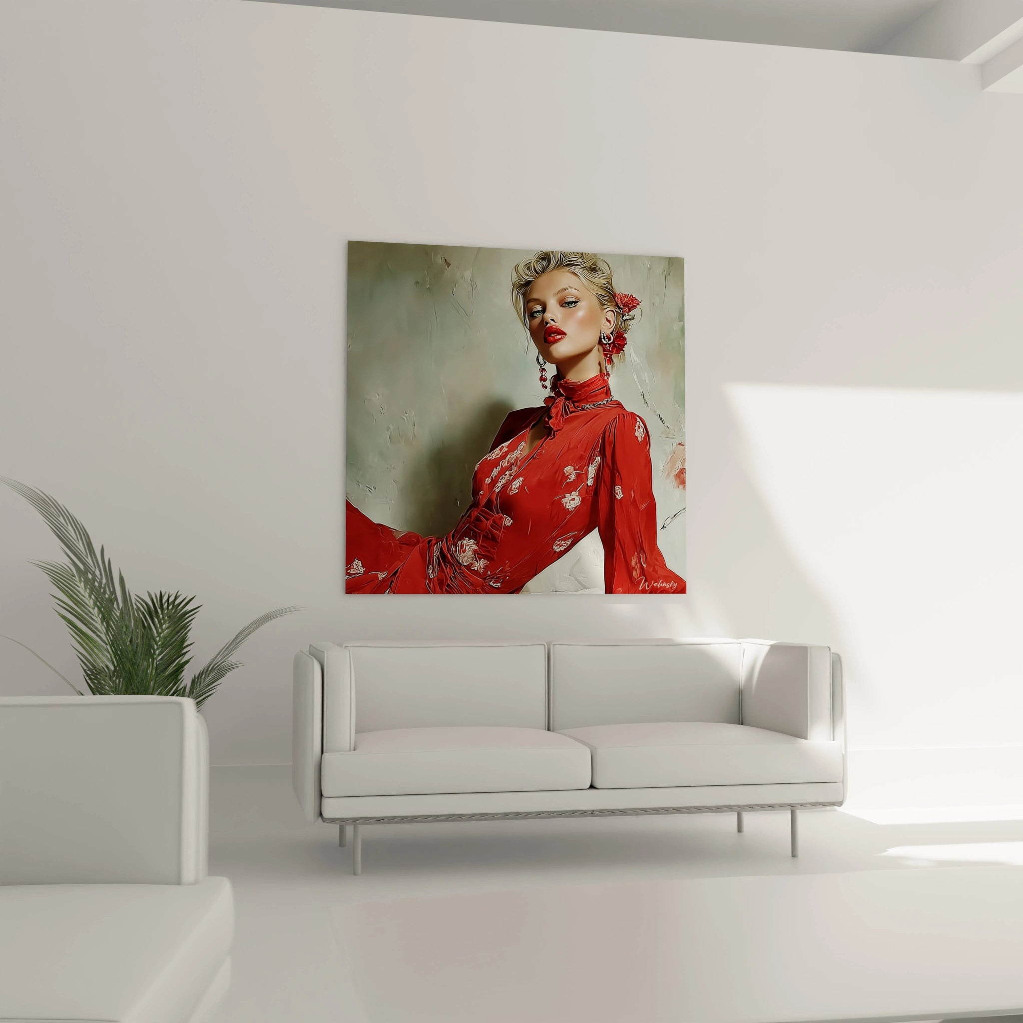 Tableau portrait femme élégant de Walensky, affichant une femme en robe rouge dans un décor moderne