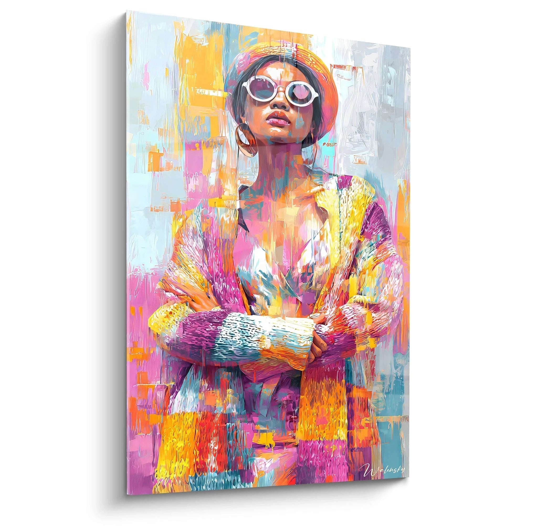 Tableau portrait femme street art stylisé avec couleurs vives et mode contemporaine