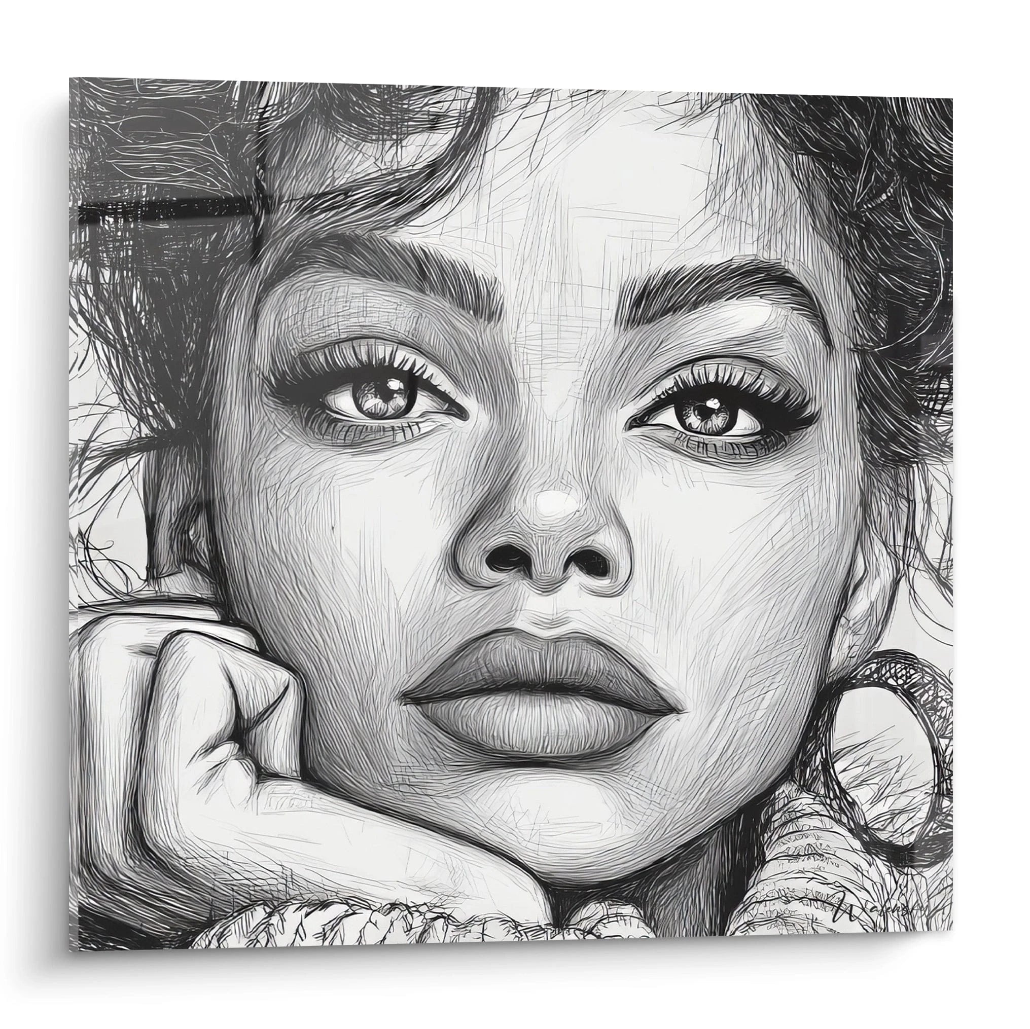 Tableau portrait femme en noir et blanc avec un visage expressif et des traits délicats