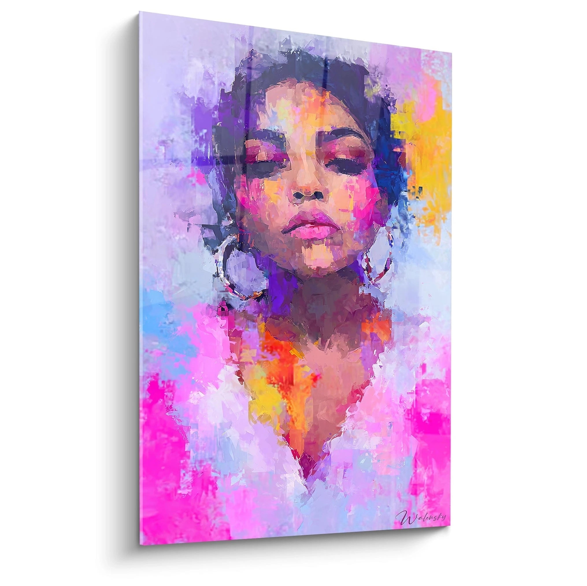 Tableau portrait femme expressionniste en couleurs vives avec des détails abstraits de Walensky