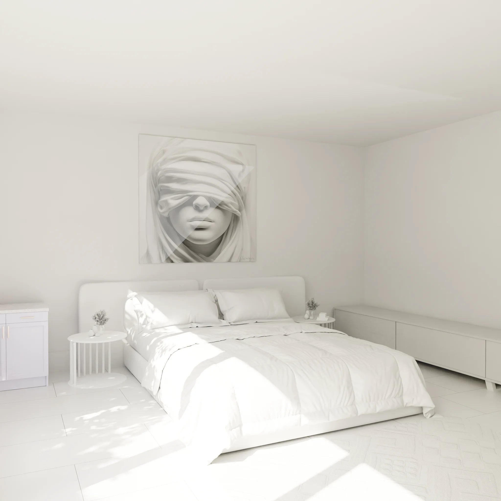 Ambiance chambre avec tableau visage féminin voilé noir et blanc décoration murale moderne